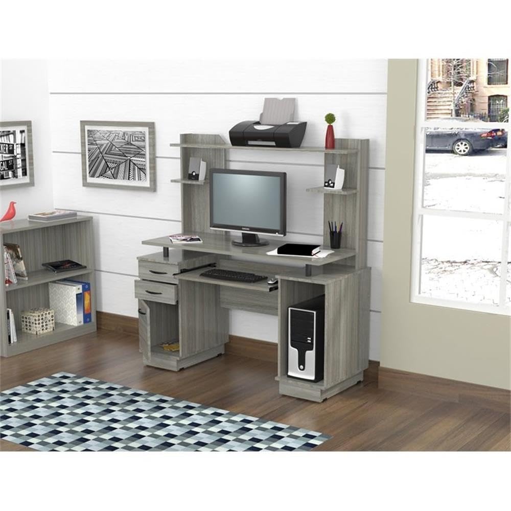 Modern Wooden Computer Desk with Hutch - Smoke Oak Finish for Home Office, Study & Workspace | Pemberly Row Contemporary Work Center