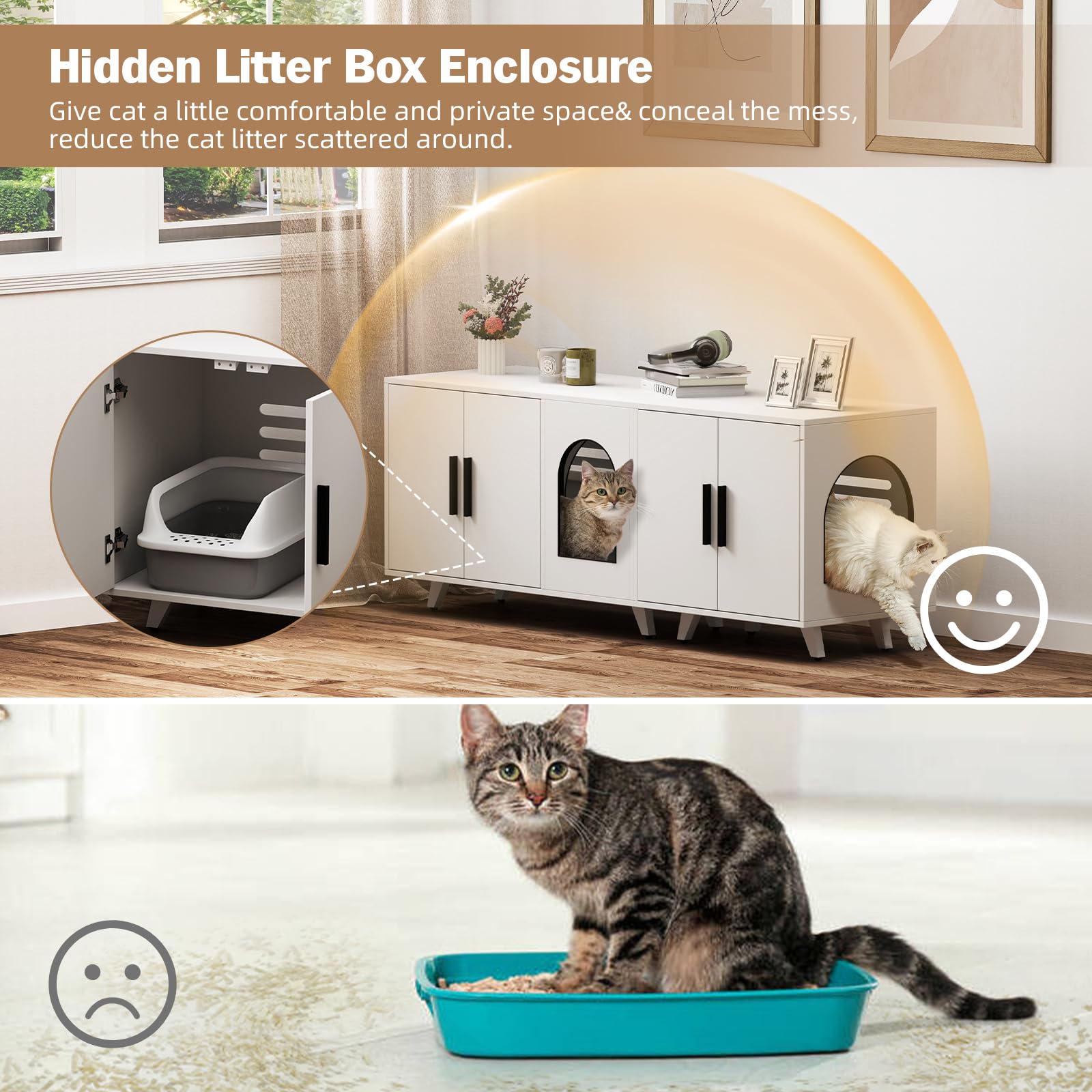 Large Cat Litter Box Enclosure Furniture for 2 Cats - Dual Storage Cabinet with Scratching Mat & Toy Ball - White - Perfect for Indoor Cat Owners & Small Spaces