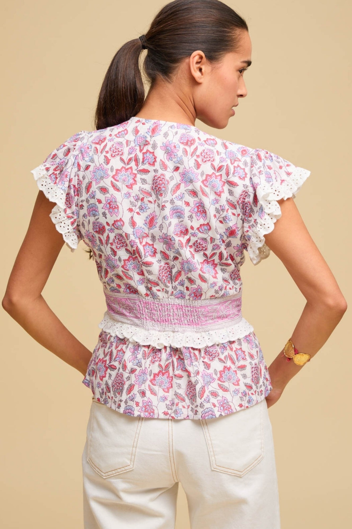 Pippa Block Print Top | Garden Jaal White/Pink Floral Embroidered Women's Blouse | Perfect for Summer Outfits, Boho Fashion & Casual Wear