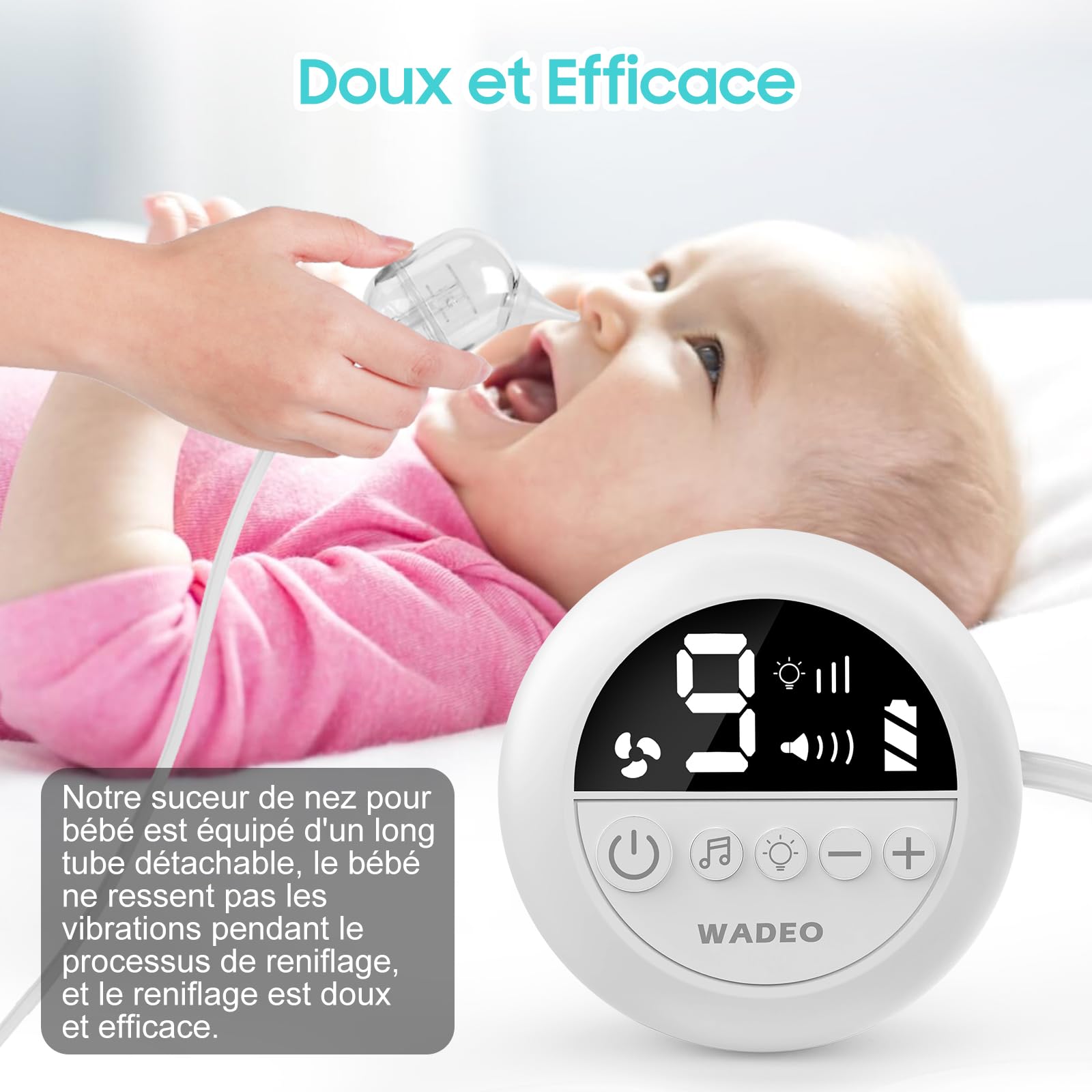 WADEO Electric Baby Nasal Aspirator - Rechargeable Nose Suction for Infants with 9 Adjustable Levels, Night Light & Soothing Rhymes | Safe Newborn Nasal Care for Congestion Relief & Better Sleep
