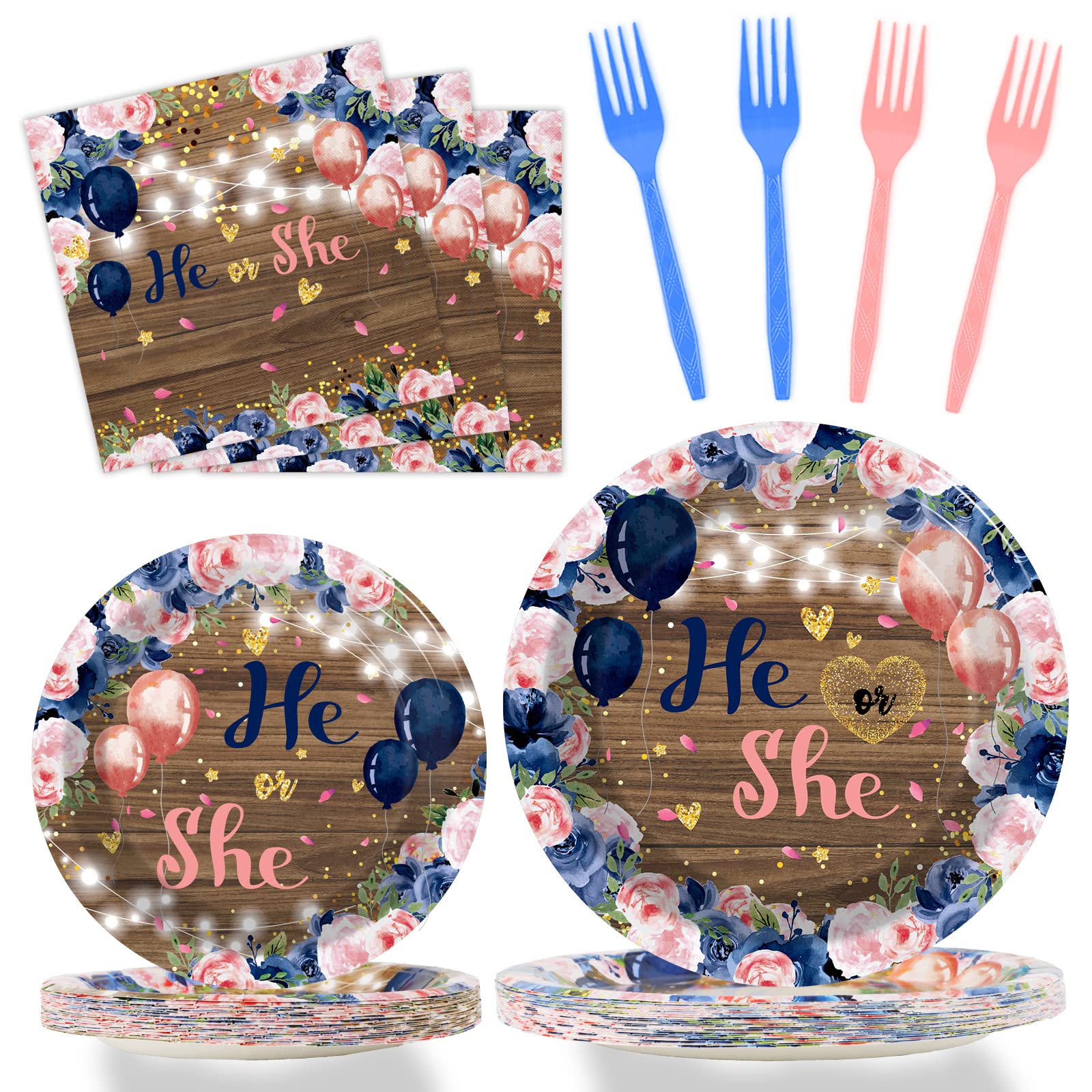 96 Pcs Gender Reveal Party Supplies - He or She Baby Shower Decorations Set with Dessert Plates, Napkins & Forks for 24 Guests - Perfect for Boy or Girl Gender Announcement Parties, Baby Showers & Celebrations