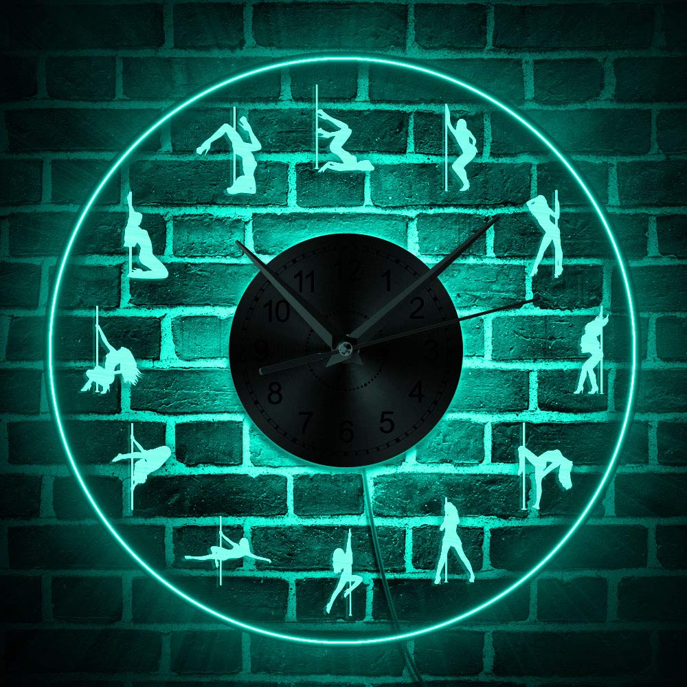 LED Neon Wall Clock with Pole Dancer Silhouette - Backlit Dance Studio Decor, Steel Tube Wall Lamp for Home Bar, Bedroom, or Nightclub Ambiance