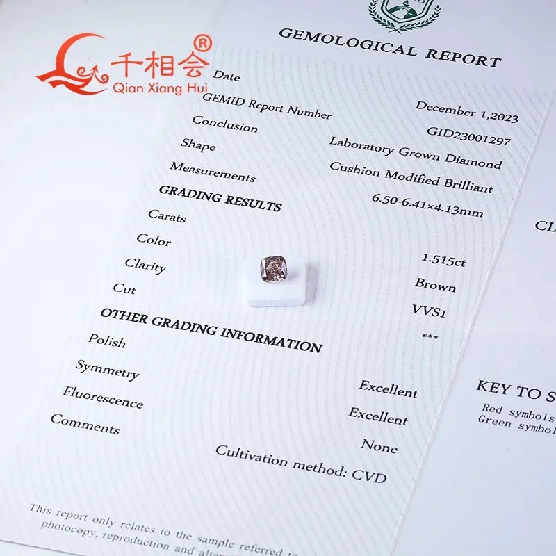 1.5ct Brown CVD Lab Grown Diamond - VS/SI Clarity, Cushion Shape, GEMID Certified Loose Stone for Jewelry Making & Engagement Rings