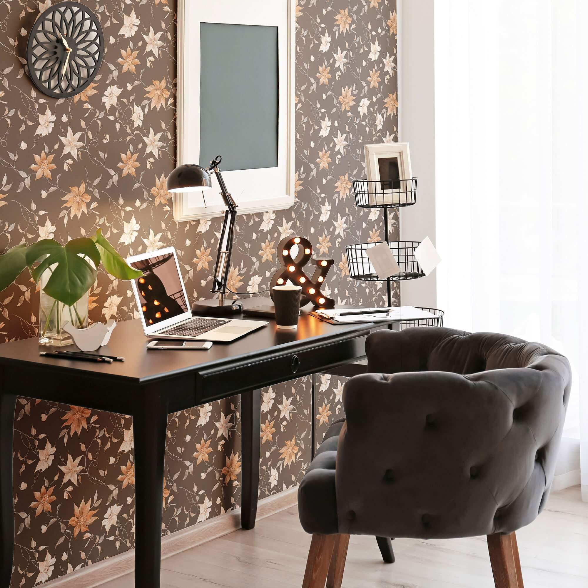 Brown Floral Peel and Stick Removable Wallpaper 7860 - Self-Adhesive Wall Decor for Bedroom, Living Room, Office & Nursery