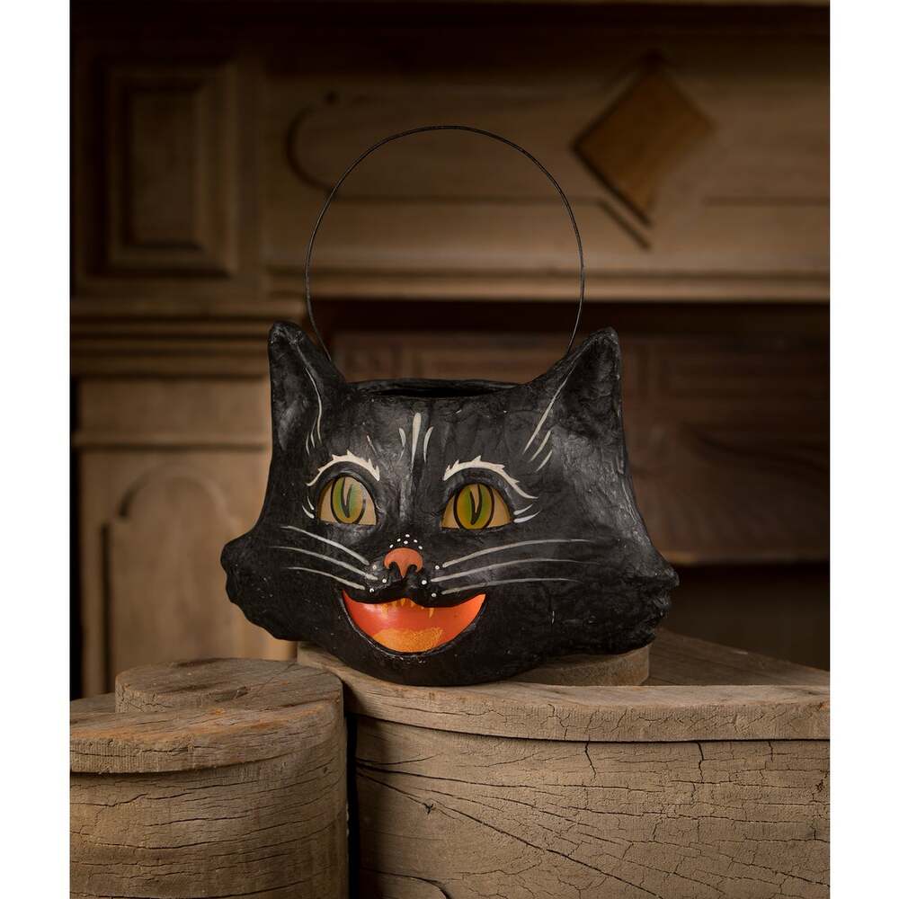 Handmade Black Cat Bucket Halloween Decor - Bethany Lowe Designs Paper Mache Art for Fall Home Decor, Party Centerpiece & Spooky Gift