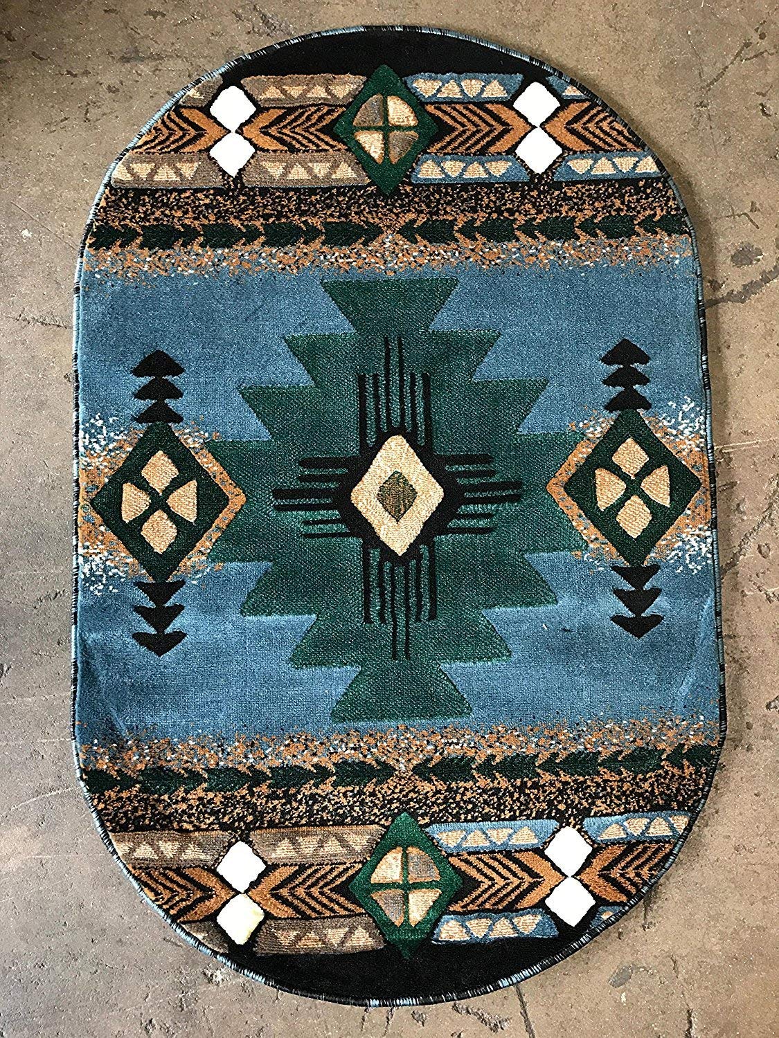 Authentic Southwest Navajo Aztec Native American Tribal Light Blue Area Rug - 5'x7' Oval Handwoven Carpet for Living Room, Bedroom & Boho Decor