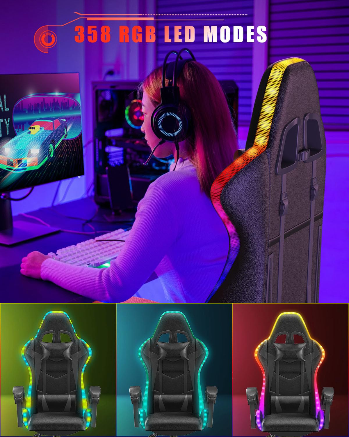 Premium Ergonomic Gaming Chair with RGB LED Lights - Adjustable Headrest & Lumbar Support - Racing Style Recliner with Swivel Seat & Height Adjustment - Perfect for PC Gaming, Esports & Home Office (Black)