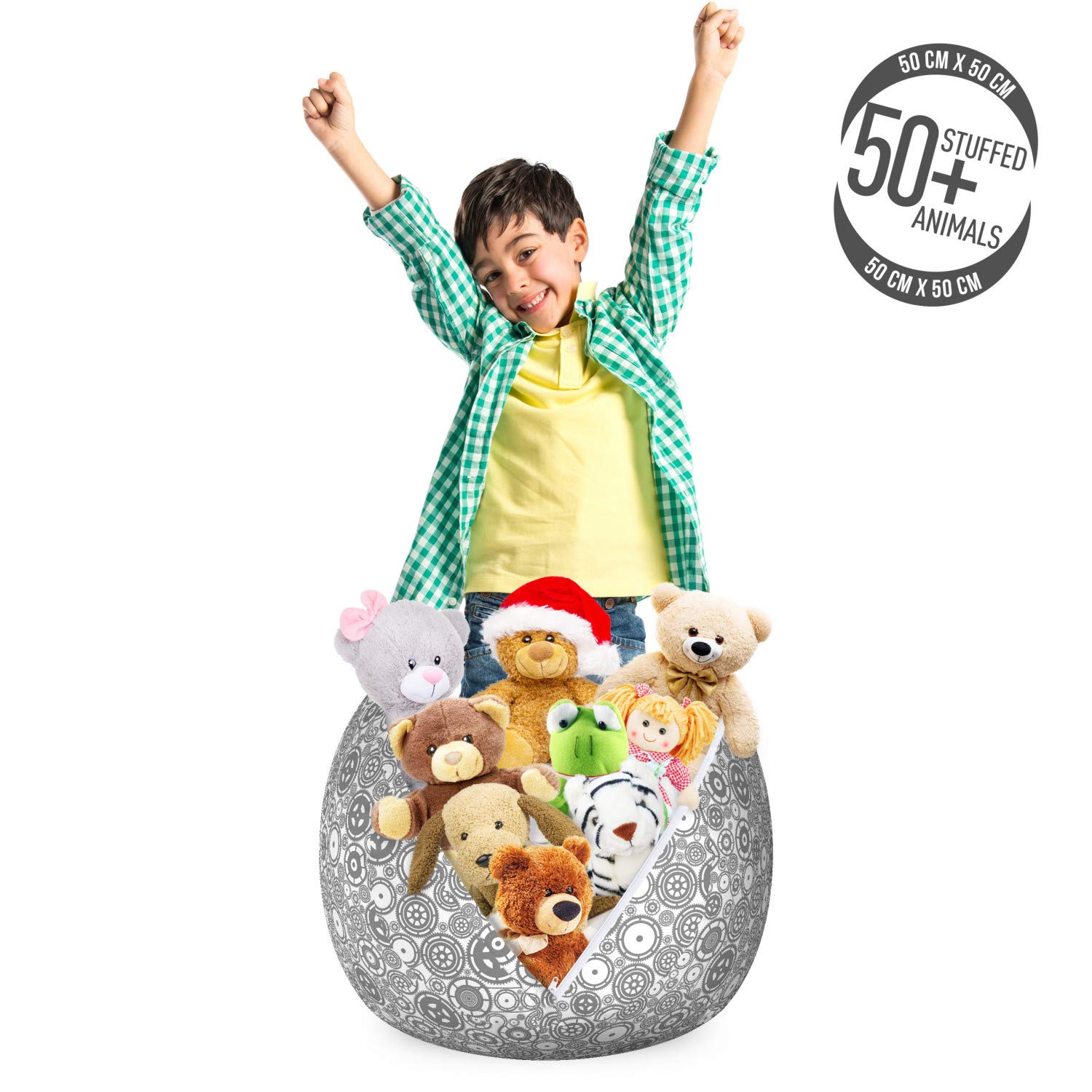Ambesonne Steampunk Storage Toy Bag Chair - Industrial Cogwheel Design, Washable Stuffed Animal Organizer, Small Size in White & Grey - Perfect for Kids' Room, Playroom & Nursery Organization