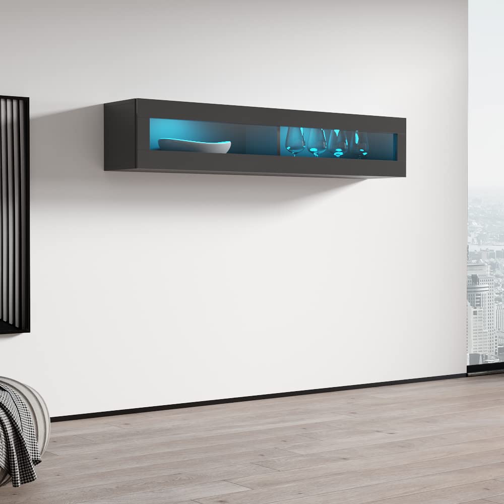Modern Floating Media Cabinet - Rectangular Hanging TV Stand with LED Lights & High Gloss Finish | Durable Wooden Wall-Mounted Storage Unit for Living Room, Bedroom & Home Theater (Gray)