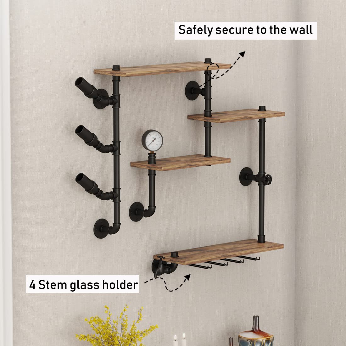 Industrial Pipe Wall Bar Shelves with 4-Tier Rustic Floating Wine Rack & 4 Stem Glass Holders - 42