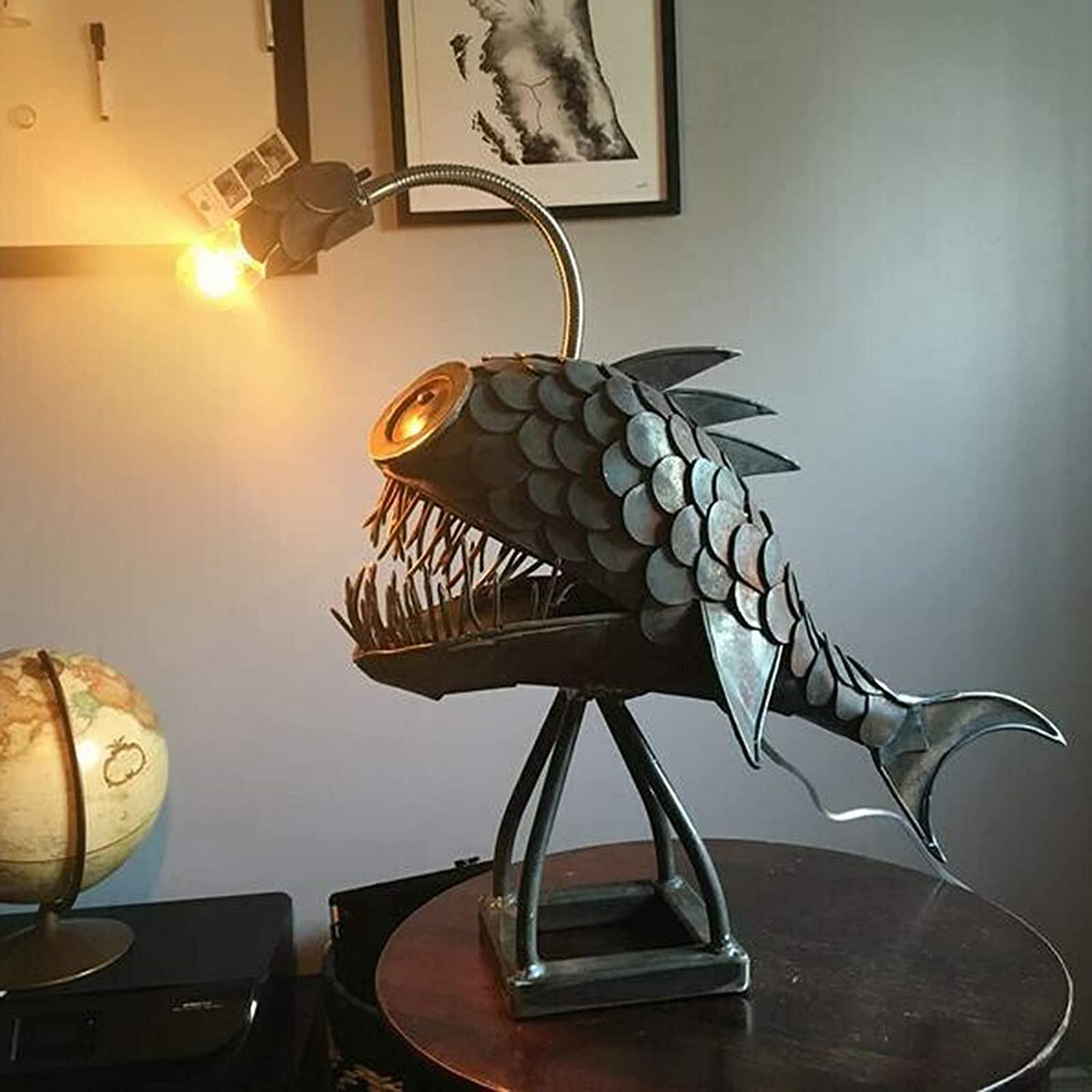 LYEJFF Creative Angler Fish Art Lamp - Handmade Vintage USB LED Table Light with Adjustable Brightness, Unique 12-inch Home Decor for Living Room, Bedroom & Office