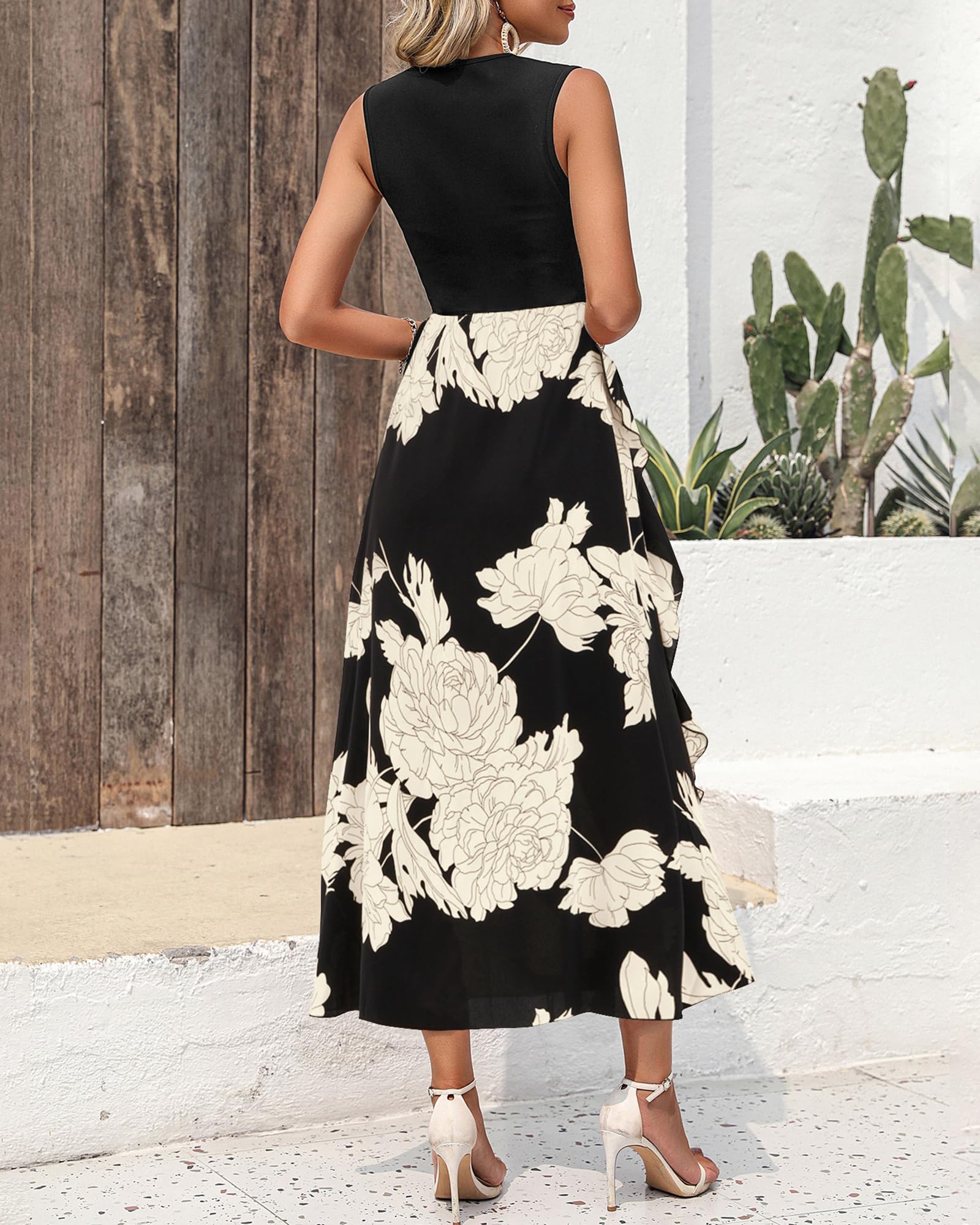 BTFBM Women's Casual Sleeveless Floral Boho Midi Dress - Summer Spring Cocktail Party Dress with Crewneck & Ruffle Details | Perfect for Beach Vacations, Date Nights & Outdoor Events