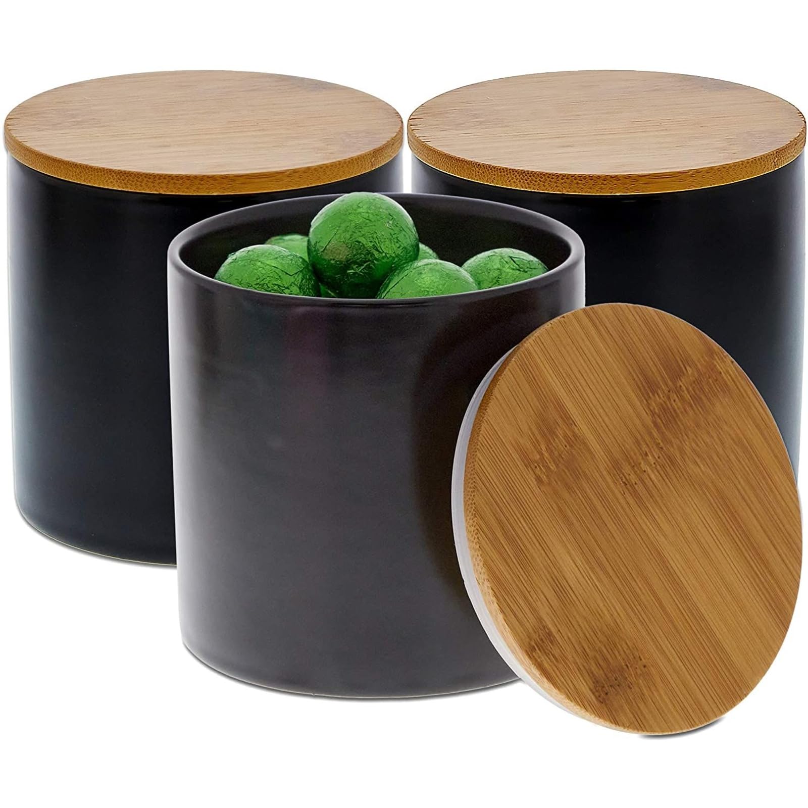 Juvale 3-Pack Black Ceramic Canisters with Bamboo Lids - 4 x 4.13 Inch Airtight Food Storage Containers for Coffee, Flour, Sugar & Snacks - Elegant Kitchen & Pantry Organization for Dining Room & Home Decor
