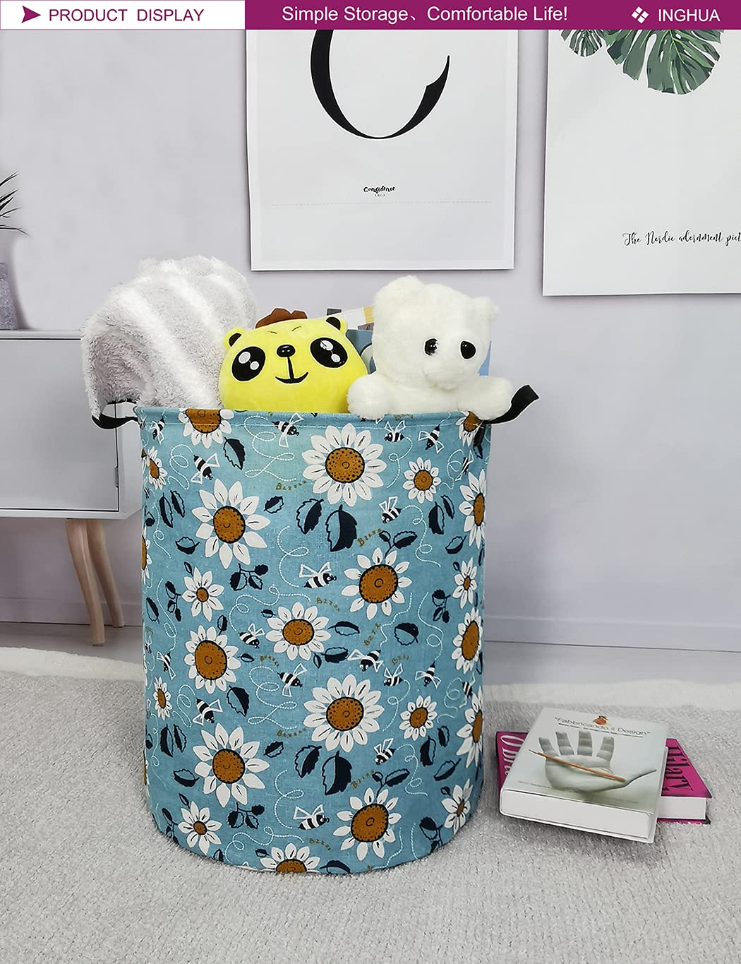 Large Canvas Laundry Hamper - Collapsible, Waterproof Storage Basket for Clothes & Toys | Lightweight Organizer for Dorm, Bedroom & Bathroom | Perfect for College Students, Boys & Girls (Sunflower)
