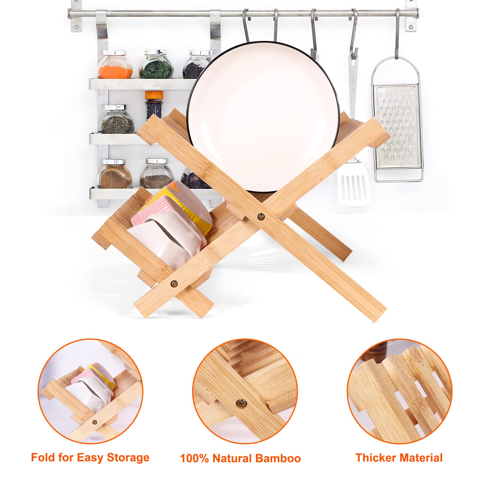 Premium Bamboo Dish Drying Rack - Collapsible & Foldable Dish Drainer for Kitchen Countertop - 100% Natural Bamboo Plate Rack (17.8