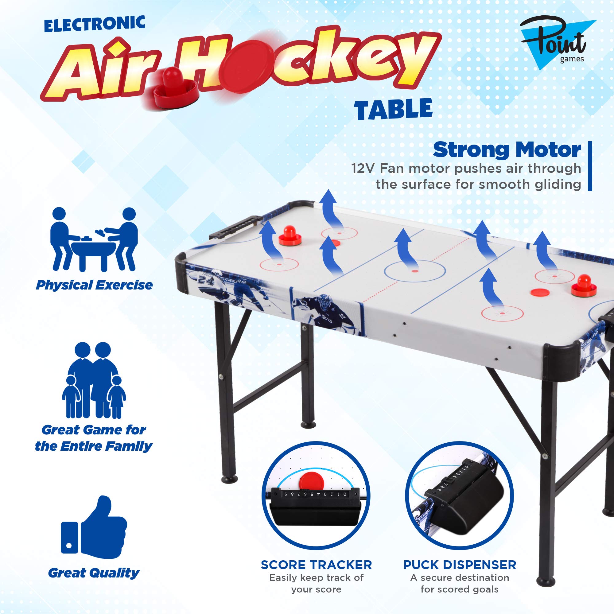 Electric Powered Air Hockey Table for Kids & Adults - Foldable Tabletop Game for Indoor Fun - Perfect for Family Game Nights, Parties & Playrooms