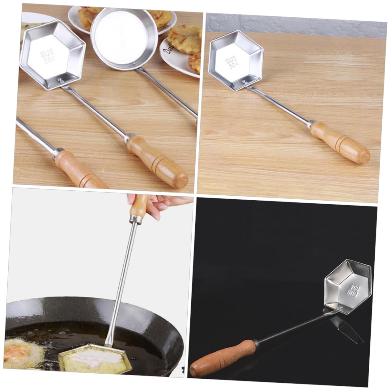 POPETPOP Stainless Steel Frying Spoon - Nonstick Flat Pancake & Pastry Turner with Wooden Handle - Perfect for Home & Restaurant Cooking - Ideal for Flipping Pancakes, Eggs & Burgers