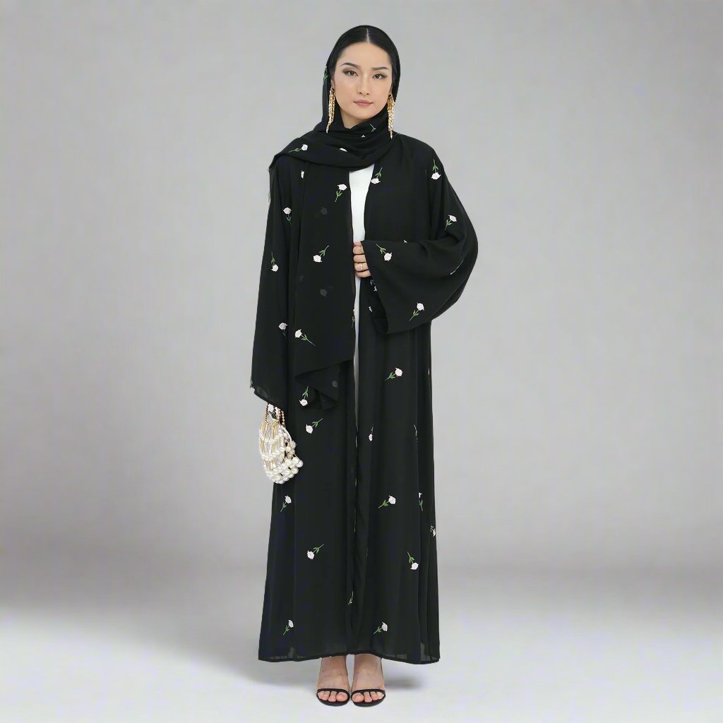 Elegant Black Chiffon Open Abaya Kimono Set for Women - Modest Islamic Fashion, Perfect for Prayer, Eid, and Special Occasions