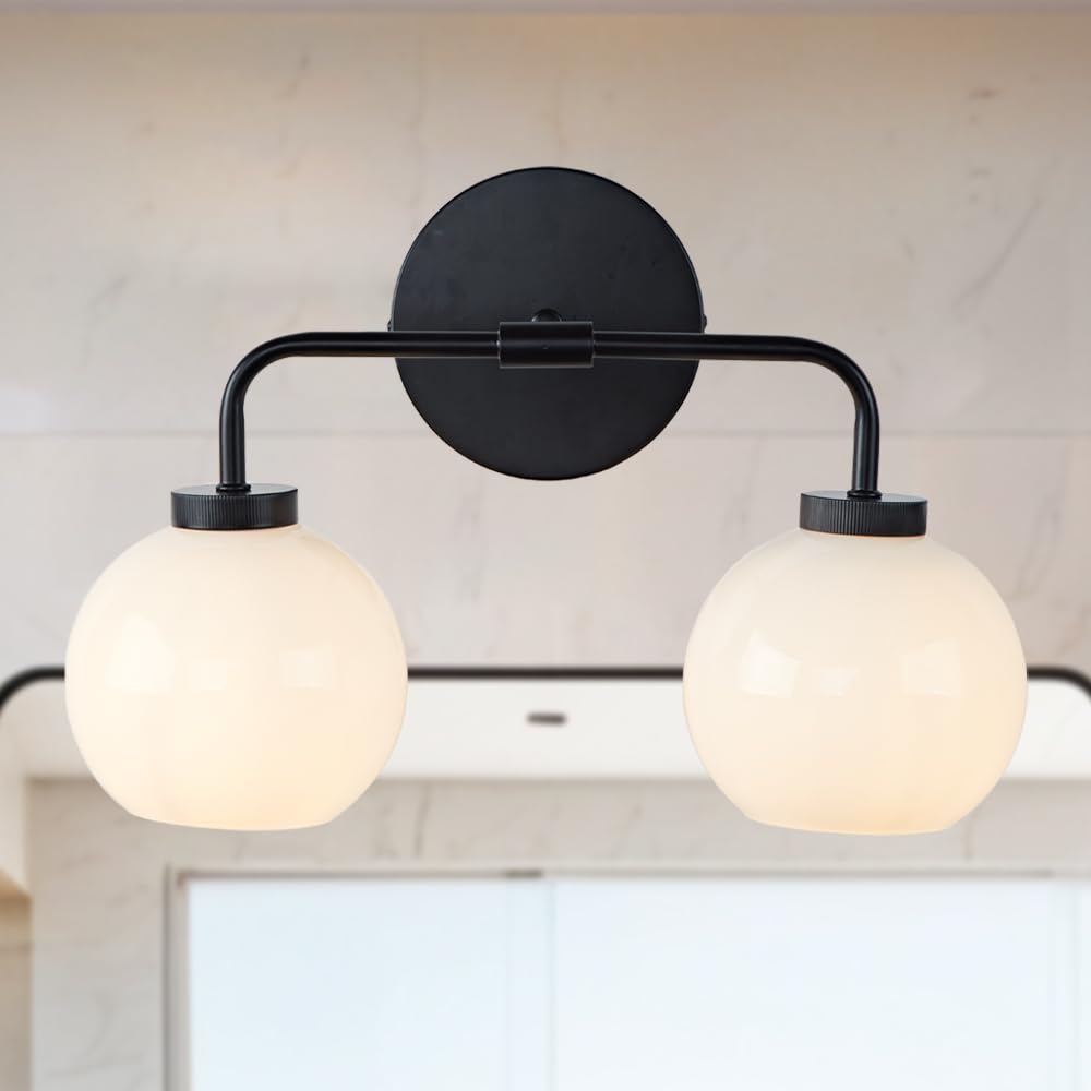 17 Inch Modern Glass Globe Double Sconce Wall Light - Matte Black Metal Finish with Hand-Polished Milky Glass Shade - Elegant Vanity Lighting for Bedroom, Bathroom & Over Mirror - Perfect for Indoor Home Decor & Ambient Lighting
