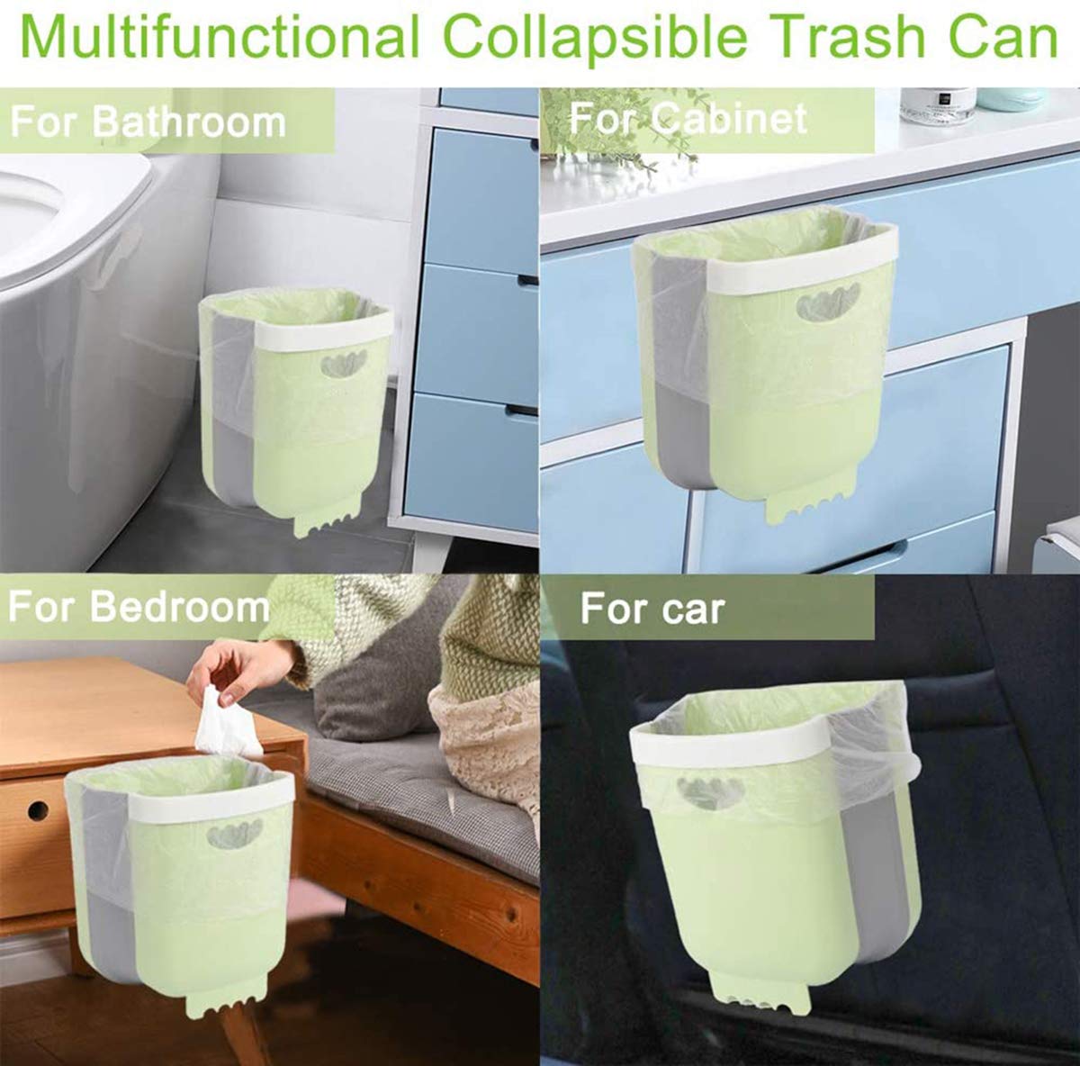Collapsible Hanging Trash Can - 10L/2.6 Gallon Small Garbage Bin for Kitchen Cabinet Door | Portable Folding Waste Container for Home, Office & Outdoor Use | Space-Saving Green Plastic Recycling Bin (Green)