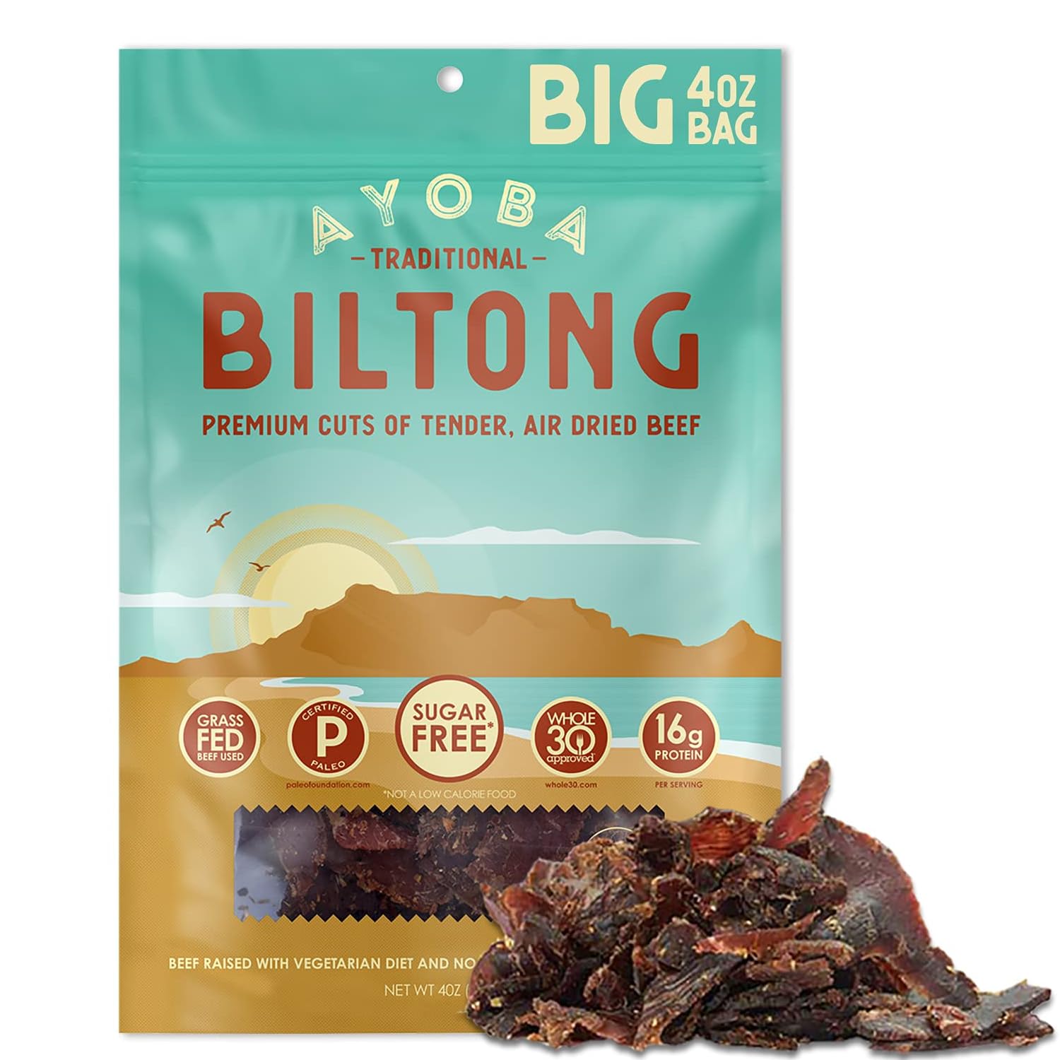 Premium Ayoba Traditional Grass-Fed Beef Biltong Slices (4oz, Pack of 1) | Keto, Paleo, Gluten-Free, Whole30 Approved, Sugar-Free, Low-Carb Meat Snack | Perfect for Hiking, Office Snacks & Protein-Rich Diet