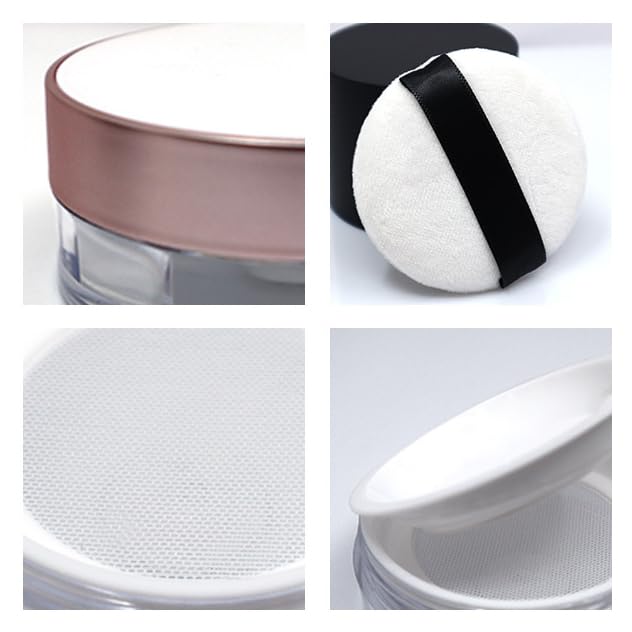 AKOAK 15ml (0.5 oz) Empty Reusable Plastic Loose Powder Compact Container - No Leaks, Includes Sponge Puff, Elastic Net Sifter & Screw Lid - DIY Makeup Case for Travel & Daily Touch-Ups (White)
