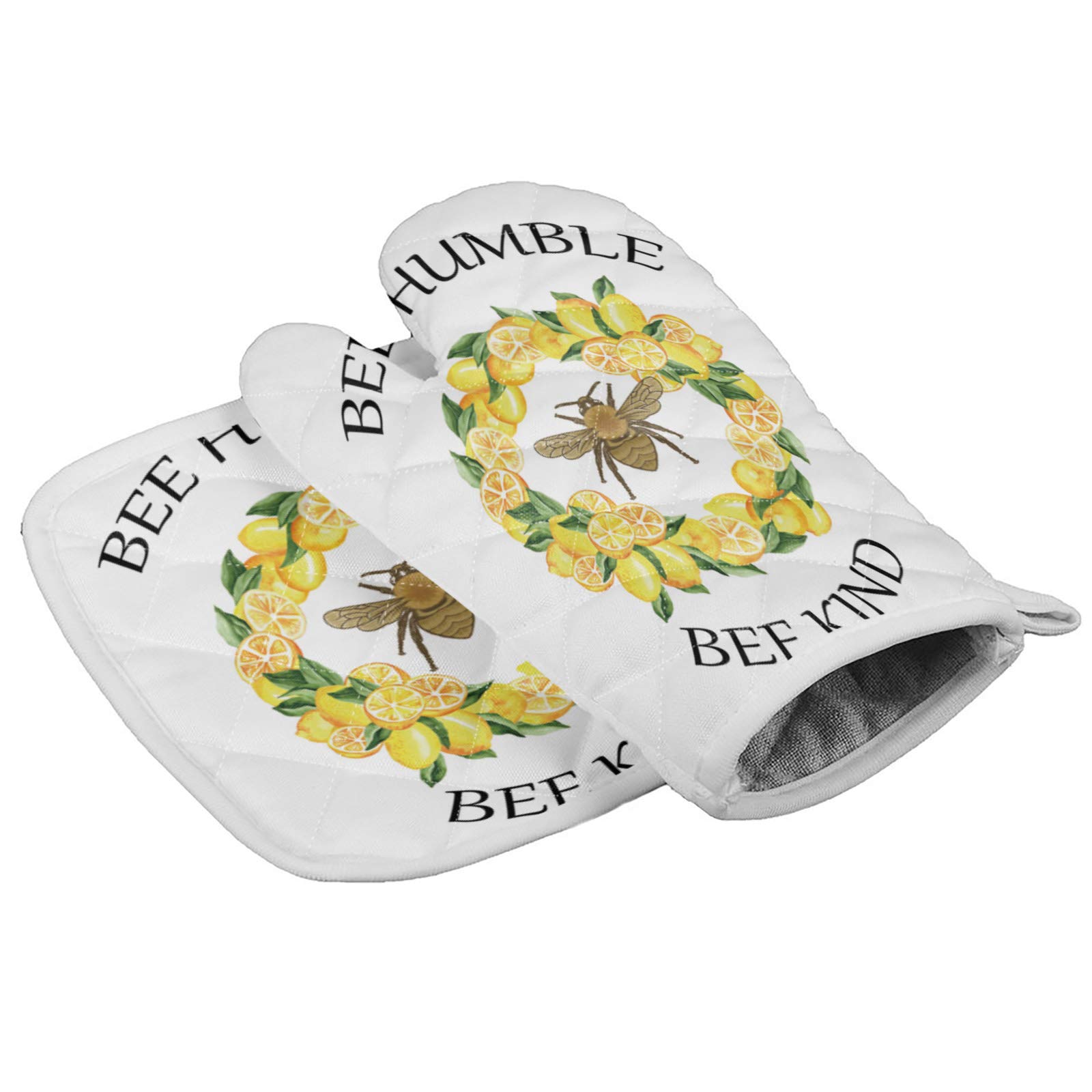 Lemon Oven Mitts & Pot Holders Set - Heat Resistant Kitchen Mittens for Cooking, Baking, Grilling - Summer Fruit & Bee Design - Perfect for BBQ, Baking, and Safe Food Handling at Home