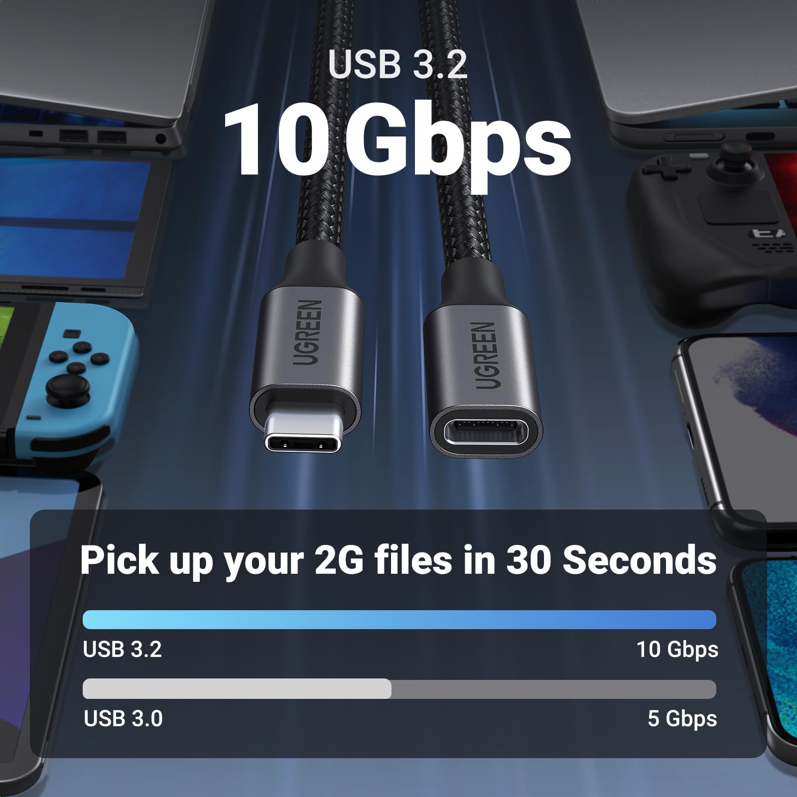 UGREEN USB C Extension Cable 1.5FT - USB 3.2 Gen 2 Type C Male to Female Extender (10Gbps, 4K Video, 100W Fast Charging) - Compatible with iPhone 16/15, Steam Deck, SSDs, Docking Stations & Hubs - Perfect for Home Office, Gaming Setup & Mobile Charging (Black)