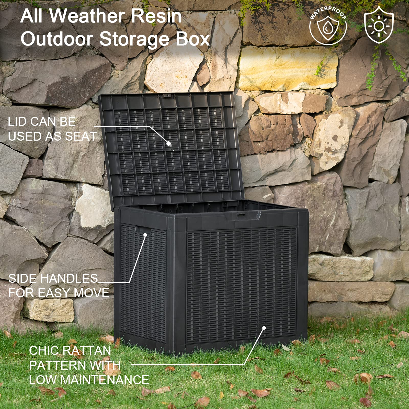 31 Gallon Waterproof Deck Box with Lock - Outdoor Storage Box for Patio Tools, Garden Supplies, Pool Accessories & More - Durable Rattan Design for Backyard, Porch & Poolside Organization