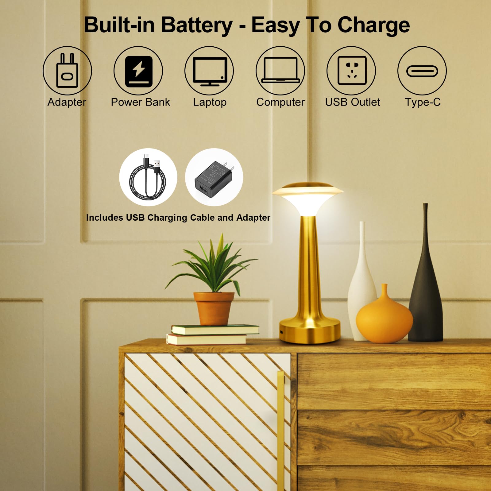 UMEXUS Small Cordless Table Lamp - Rechargeable Battery Operated LED Night Light with Dimmable Touch Control, Portable Ambient Lighting for Bedroom, Restaurant, Bar, Patio, Dining Table - Gold Finish for Warm Home Decor