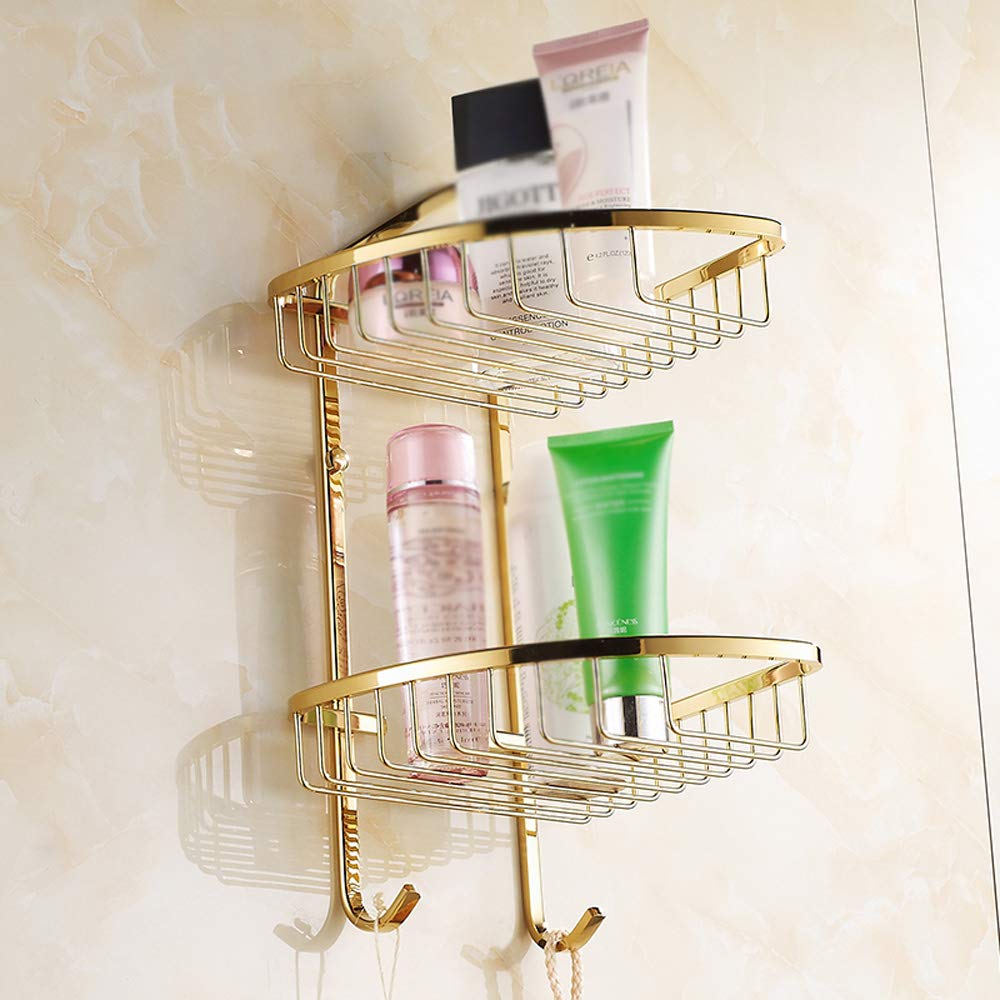 2-Tier Luxury Gold Brass Wall Mount Bathroom Shelf - Shower Caddy Organizer with Hooks for Towels, Shampoo & Toiletries - Perfect for Small Bathroom Storage & Corner Space Saving