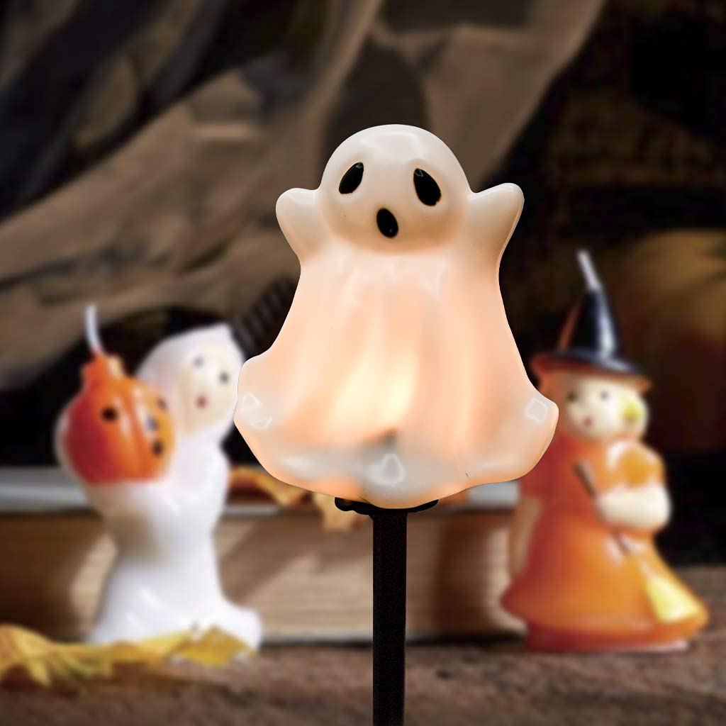 Ghost Pathway Lights Outdoor - Set of 4 Connectable Halloween Stake Lights with C7 LED Bulbs for Yard, Walkway & Garden Decor | Spooky Party & Pathway Lighting for Halloween Decorations
