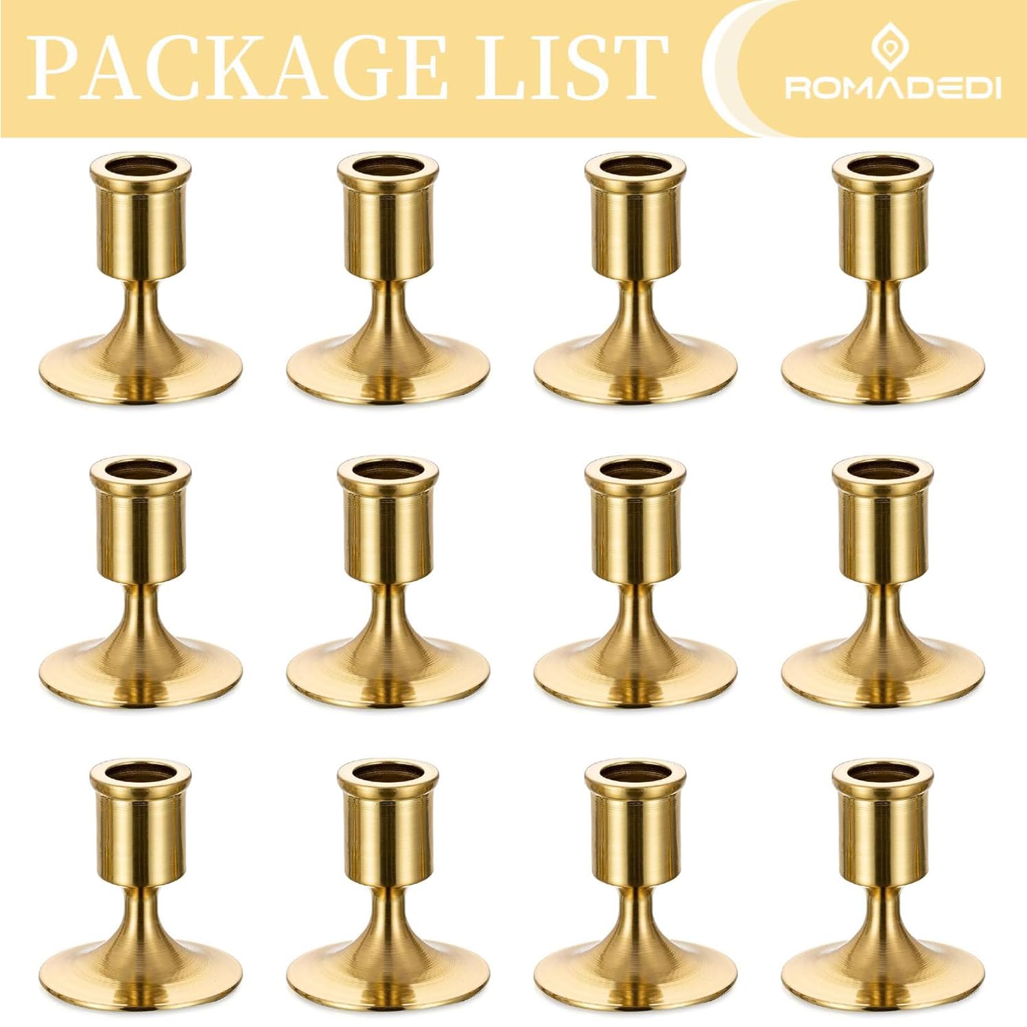 Romadedi 12-Piece Gold Brass Candlestick Holders for Taper Candles - Elegant Table Centerpiece for Weddings, Christmas Mantel Decor, Home Decoration & Holiday Celebrations