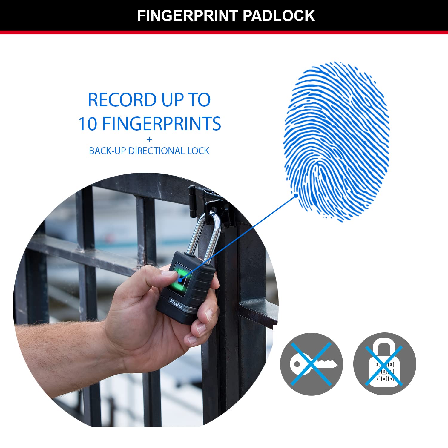 MASTER LOCK Heavy Duty Biometric Padlock - Weatherproof Fingerprint & Keypad Lock with Long Shackle (4901EURDLHCC) - Secure Storage for Outdoor Gates, Lockers, Toolboxes & Sheds