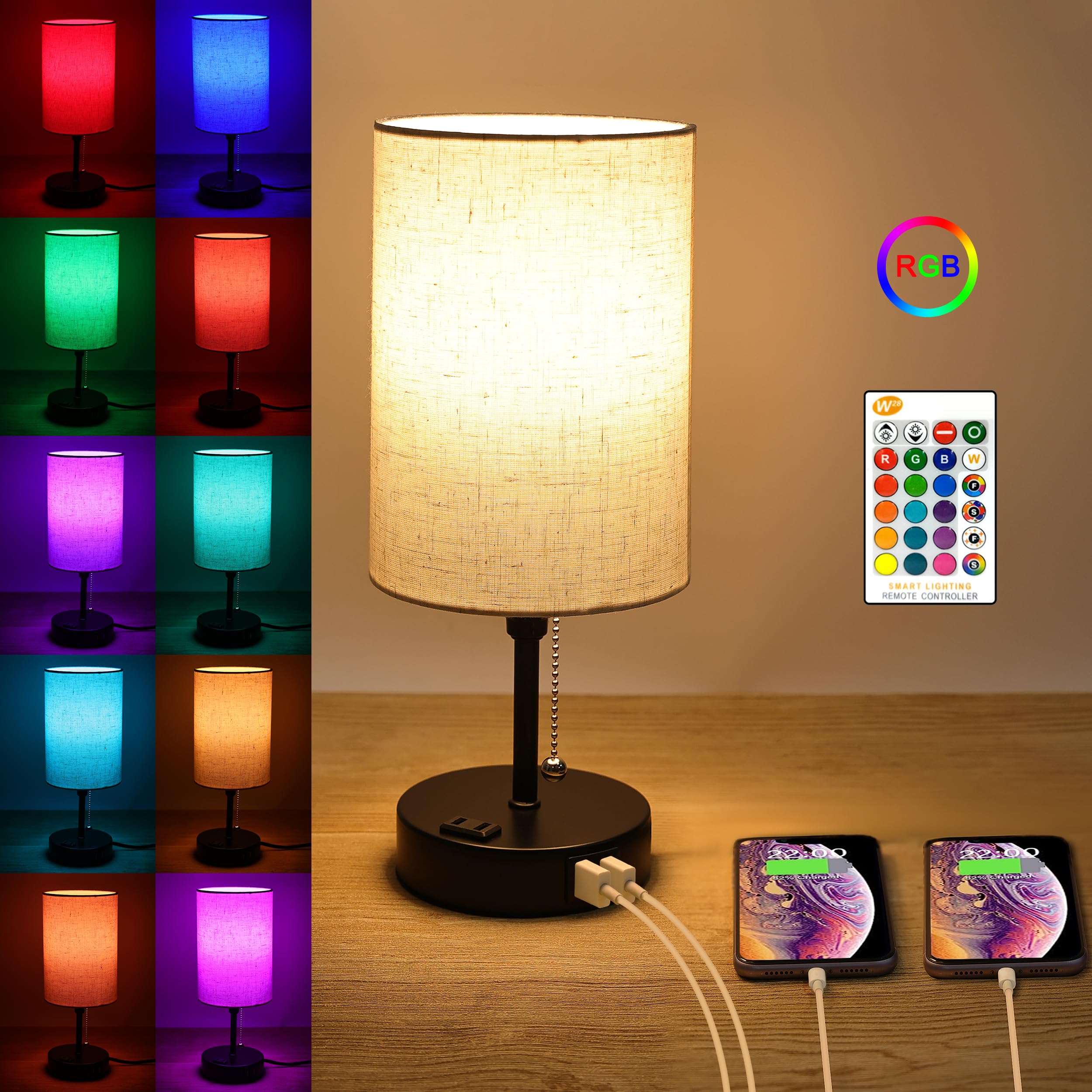 TCEUMIK RGB Smart Table Lamp - 3-Way Dimmable LED Nightstand Lamp with Color Changing, 2 USB Ports & Outlet, Fabric Shade, E26 Bulb for Bedroom, Living Room & Office Lighting | Mood Lighting, Reading Lamp, Modern Home Decor