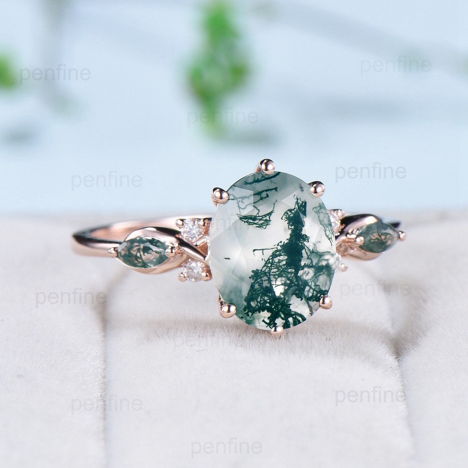 8x10mm Oval Cut Moss Agate Ring - 3 Carat Six Prong Green Agate Vintage Ring in 14K Rose Gold - Marquise Agate Wedding & Anniversary Ring for Women - Perfect for Bridal, Engagement & Special Occasions