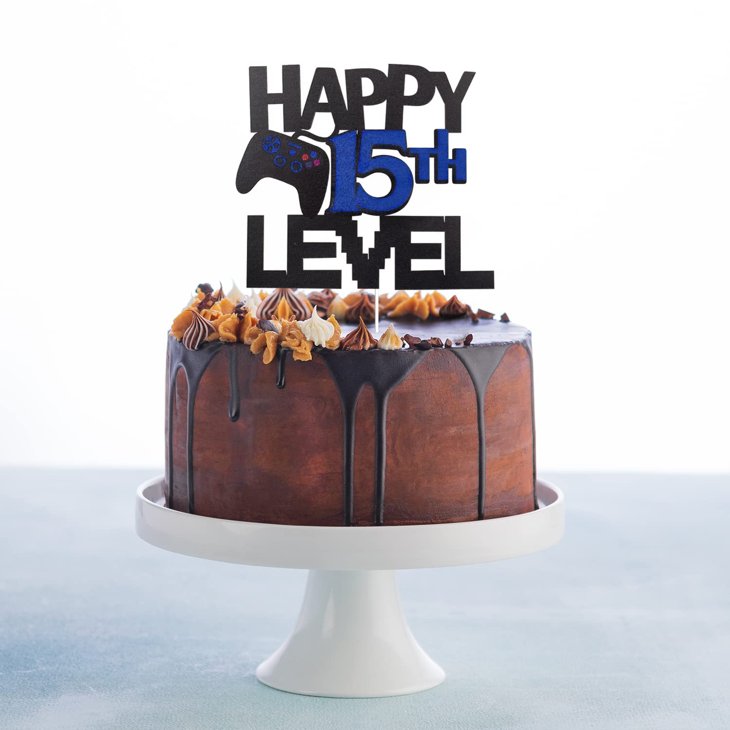 Happy 15th Level Birthday Cake Topper - Glitter Video Game Themed Party Decorations for Gamer's Unlocked Level 15 Celebration - Perfect for Birthday Cakes, Cupcakes & Gaming Party Decor
