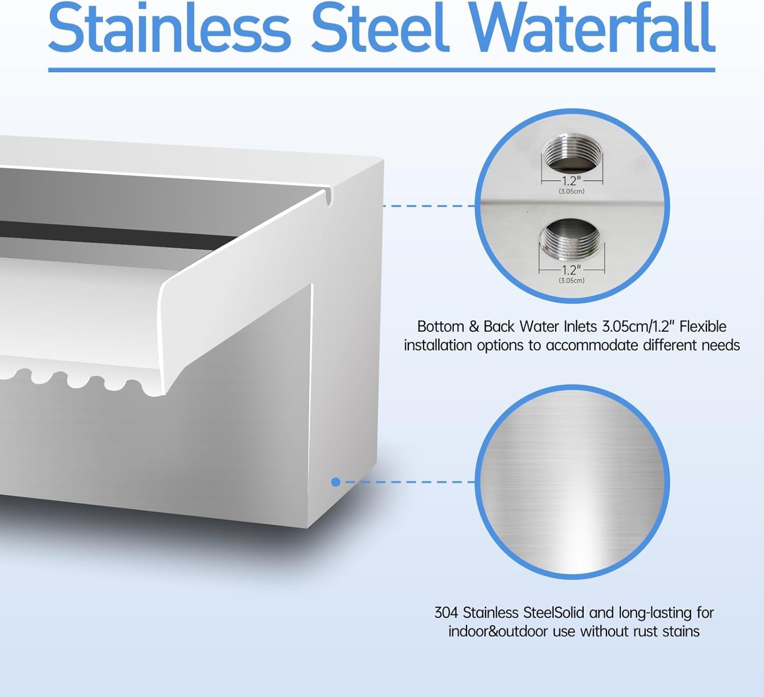 Stainless Steel Pool Fountain & Pond Waterfall Spillway Kit - 24 Inch Outdoor Water Feature for Garden, Patio, Backyard Koi Pond - No LED Light - Perfect for Landscaping & Relaxing Water Decor