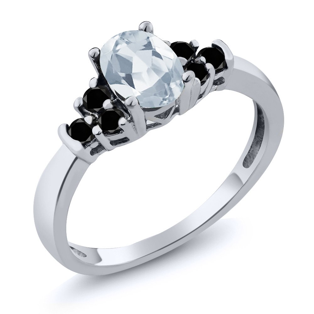 0.75 Ct Oval Sky Blue Topaz & Black Diamond 925 Sterling Silver Ring for Women - Elegant Jewelry Gift for Anniversary, Engagement & Special Occasions