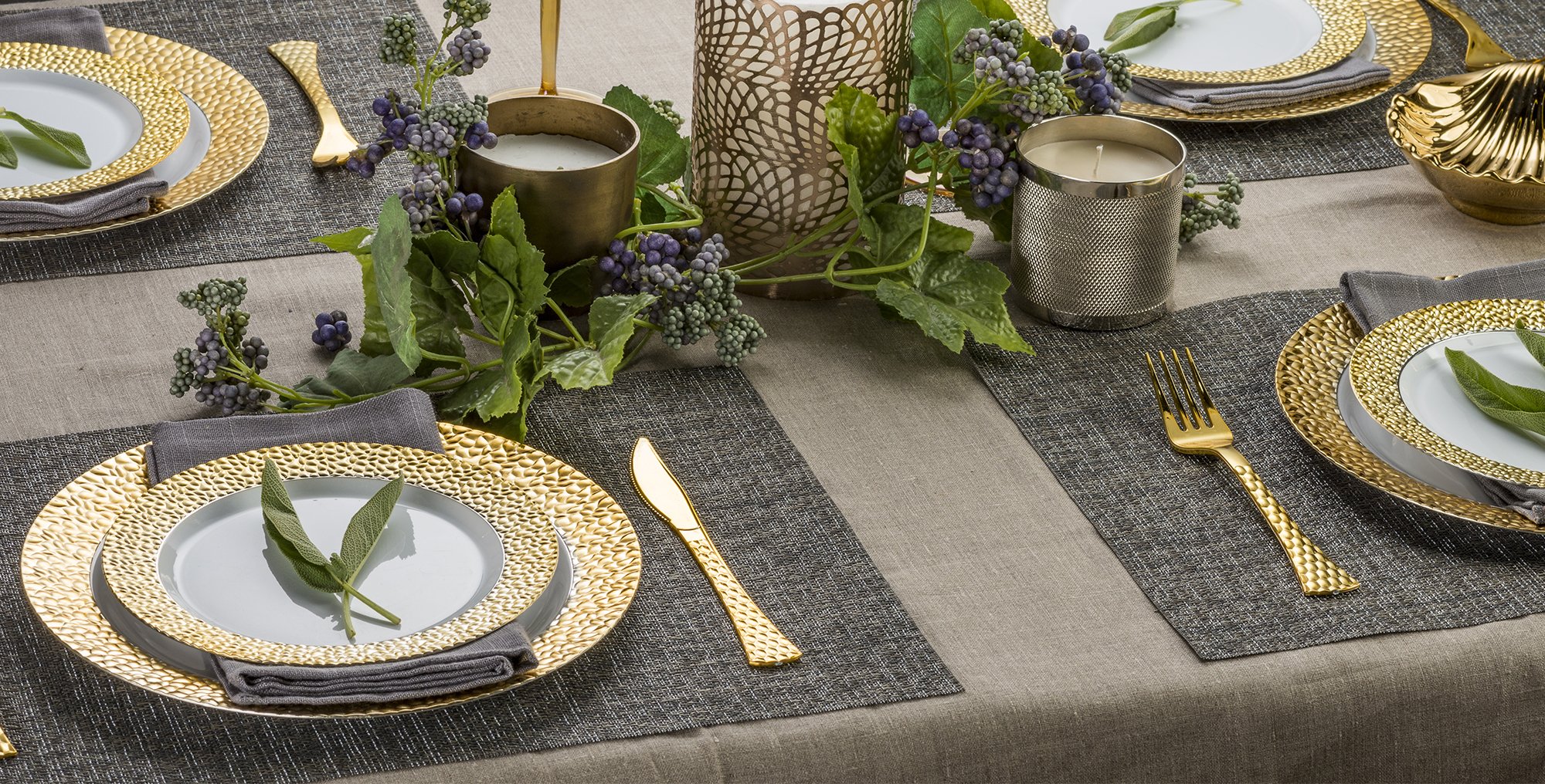 Laura Stein Designer 64-Piece Premium Plastic Dinnerware Set - White & Gold Rim Plates for Weddings, Parties, Events | 32 Dinner Plates (10.75