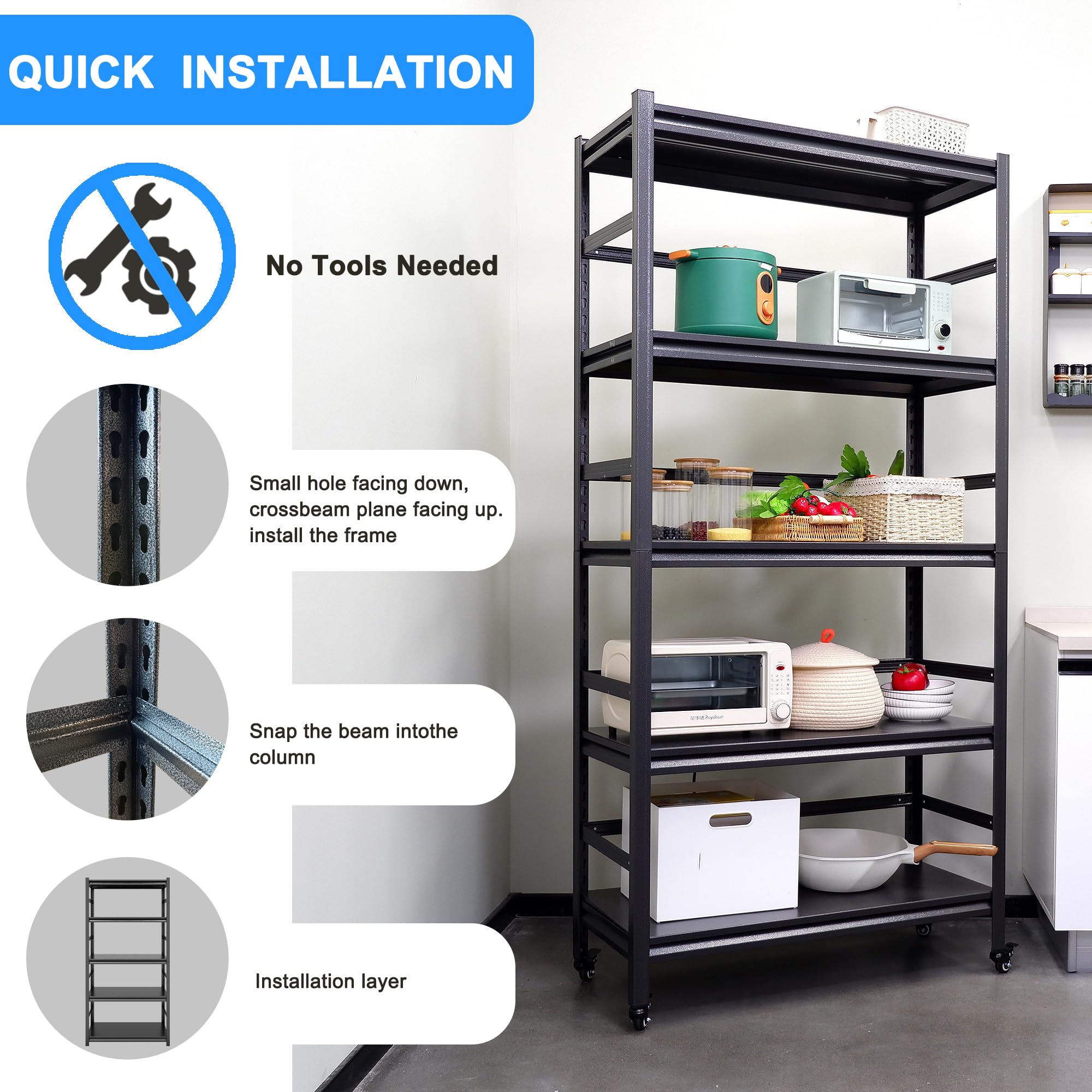 Heavy Duty 5-Tier Metal Storage Shelves - Adjustable Garage & Kitchen Shelving Unit with Wheels, 1750LBS Capacity (72
