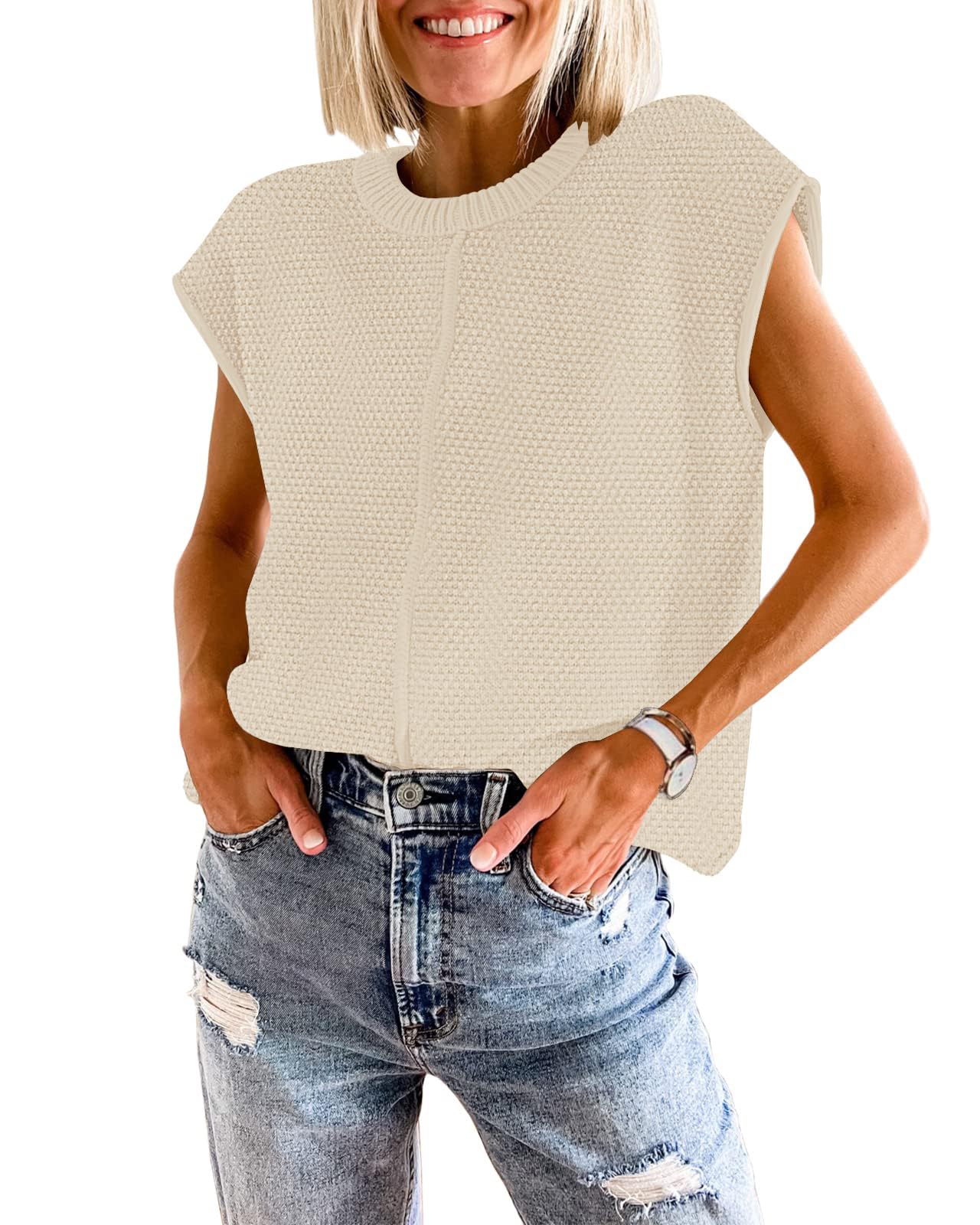 Women's Waffle Knit Sweater Shirts - Cap Sleeve Summer Tops & Basic Tank Tops for Casual Wear, Beach Outfits, and Layering