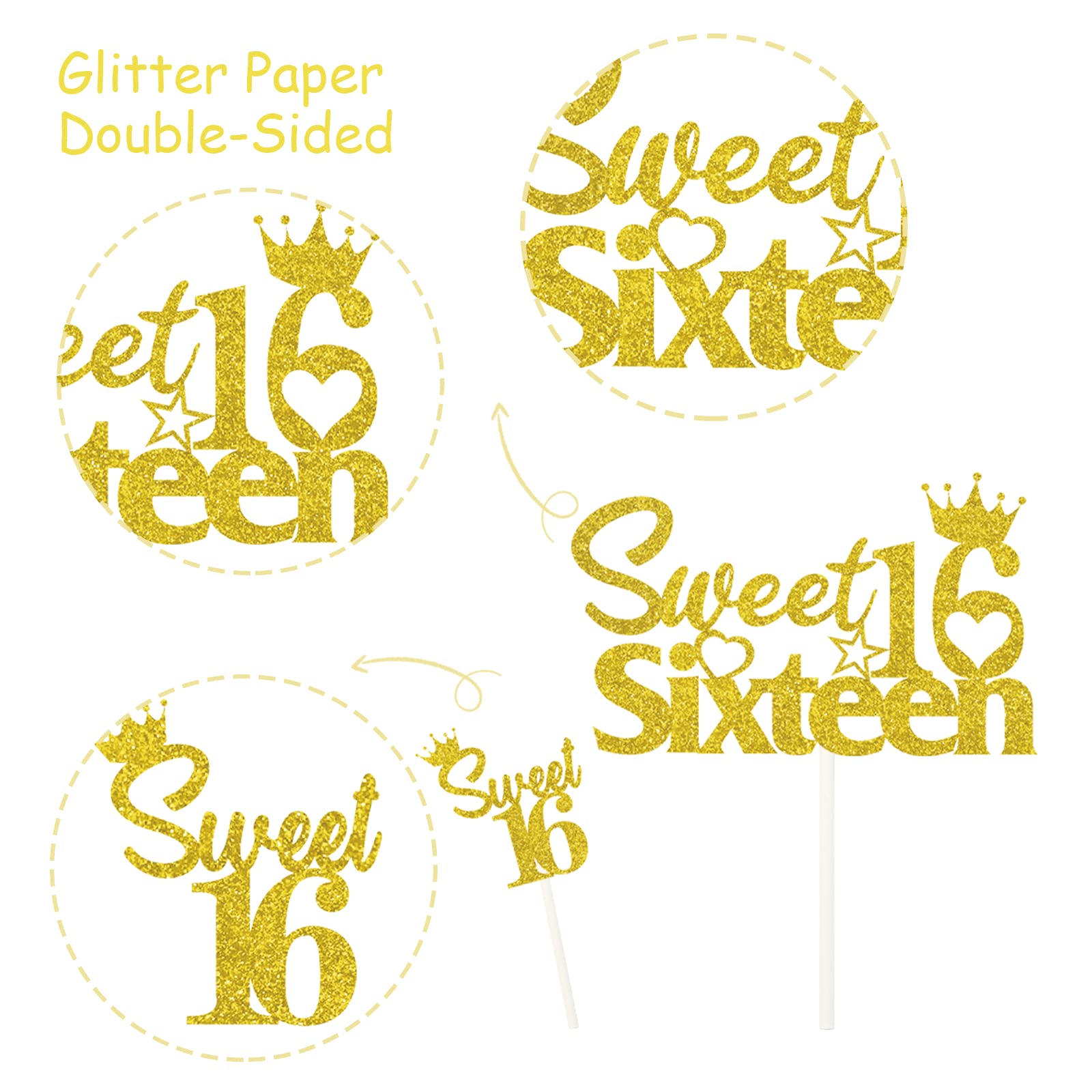 25-Pack Sweet 16 Birthday Cake Decorations Set - Gold Happy 16th Cake Topper & Cupcake Toppers for Boys & Girls - Perfect for Sweet Sixteen Parties, Birthday Celebrations & Milestone Events