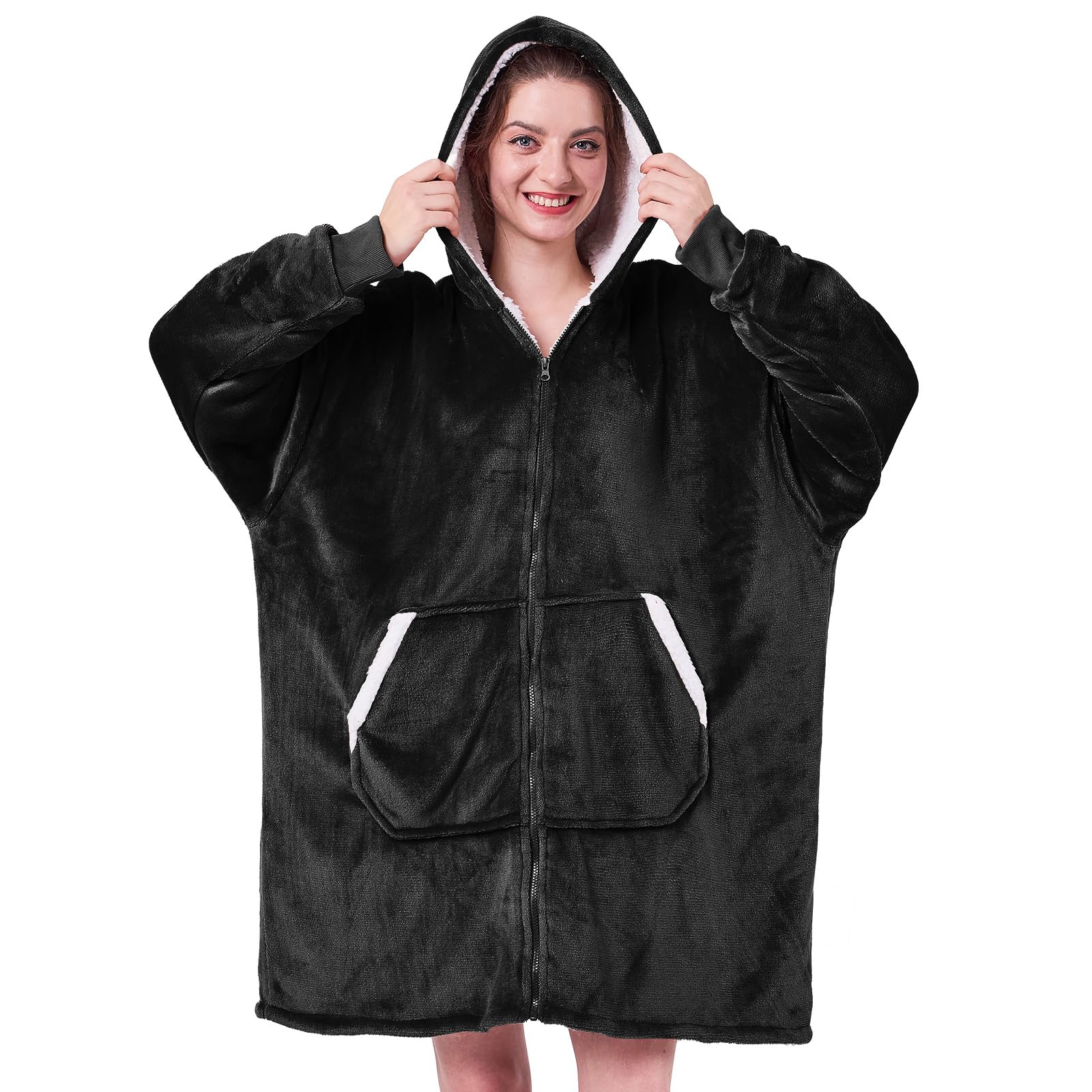JOYWOO Wearable Blanket Hoodie for Adults - Oversized Sherpa Fleece Hooded Sweatshirt with Giant Pocket & Zipper - Soft Cozy Blanket Sweater for Women & Men - Perfect Birthday Gift Idea - Great for Lounging at Home, Movie Nights and Cold Weather Comfort (Black)