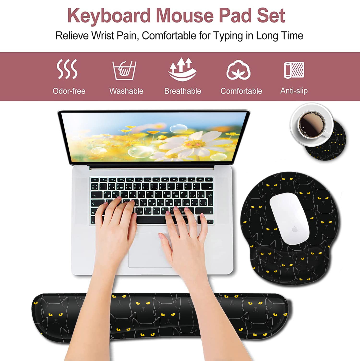 Ergonomic Black Mouse Pad with Wrist Support & Keyboard Rest - Gel Cushion for Computer, Laptop, Home Office & Gaming - Cute Cat Pattern Wireless Desk Pad to Relieve Wrist Fatigue | Perfect for Long Work Hours, Gaming Sessions & Typing Comfort