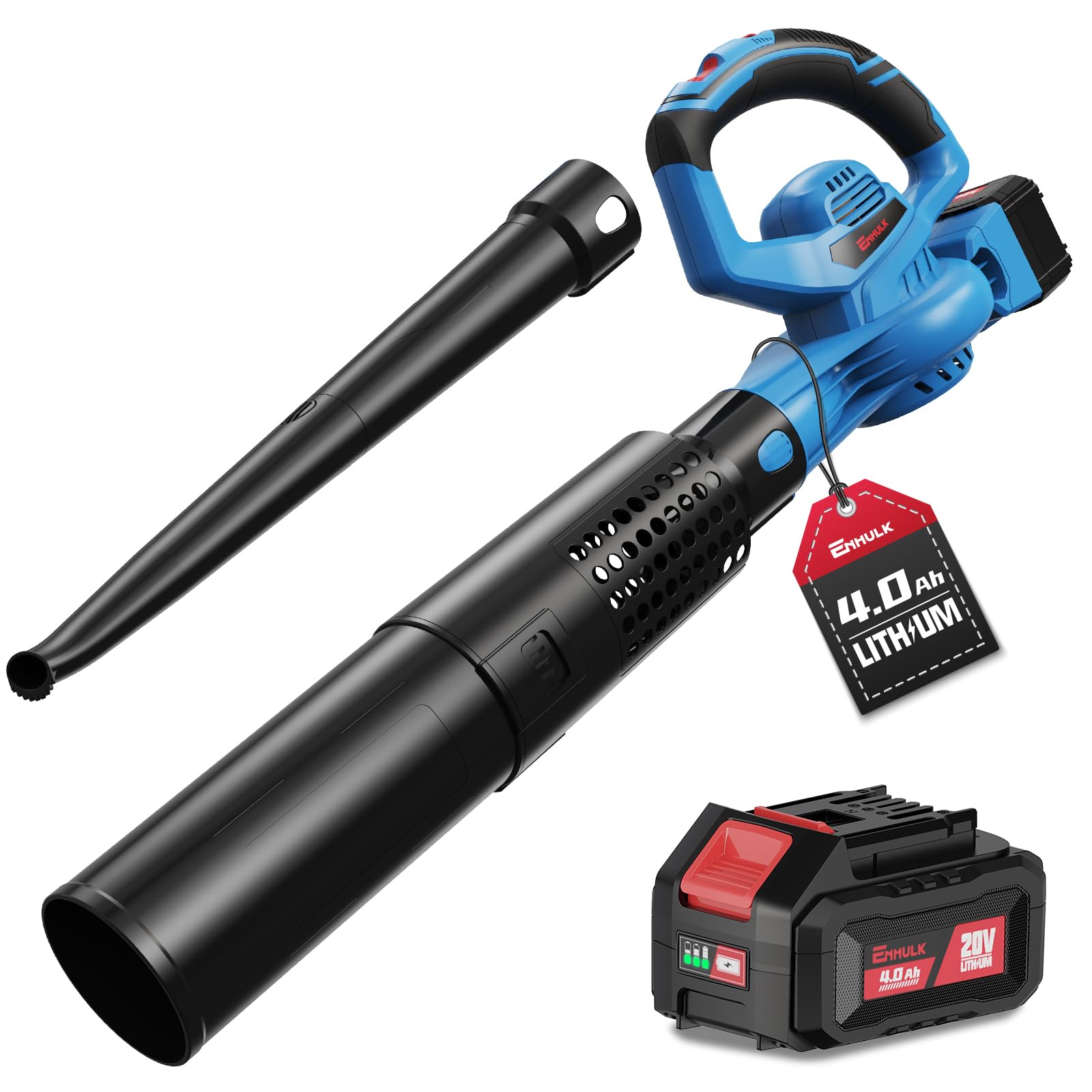Enhulk 20V 4.0Ah Cordless Leaf Blower - 460CFM 190MPH High Power, 2-in-1 Battery Powered Blower with 6 Speed Settings, Ideal for Blowing Leaves, Yard Debris, Snow & Dust - Includes 4.0Ah Battery & Fast Charger - Perfect for Home Lawn Care, Garden Maintenance & Driveway Cleaning