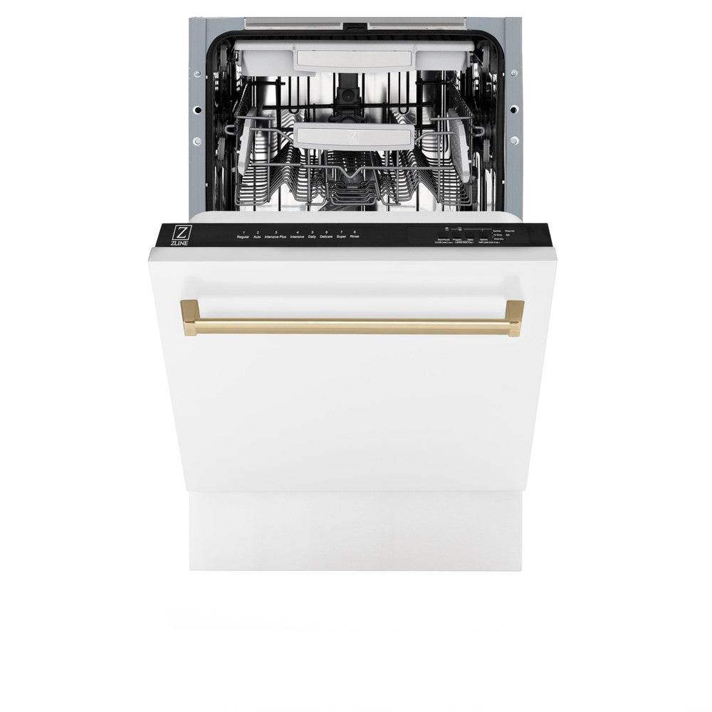 ZLINE Autograph Edition 18-Inch Compact Dishwasher with 3rd Rack - White Matte Finish & Champagne Bronze Handle, Ultra Quiet 51dBa (DWVZ WM 18 CB) - Perfect for Small Kitchens, Apartments, and RVs