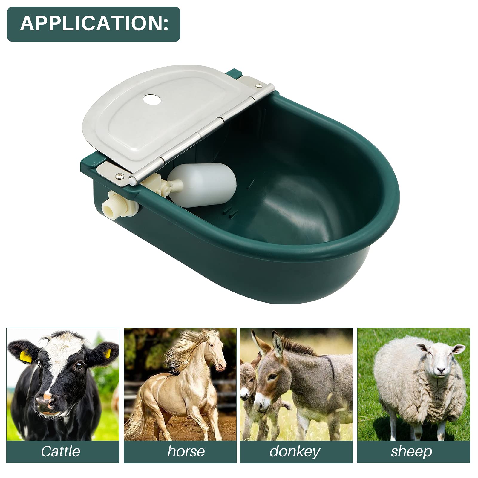 Automatic Waterer Bowl for Horses, Dogs, Sheep, Cows & Pigs - Large Plastic Animal Water Feeder with Float Valve & Drain Plug (Dark Green) - Ideal for Barns, Stables & Outdoor Farms
