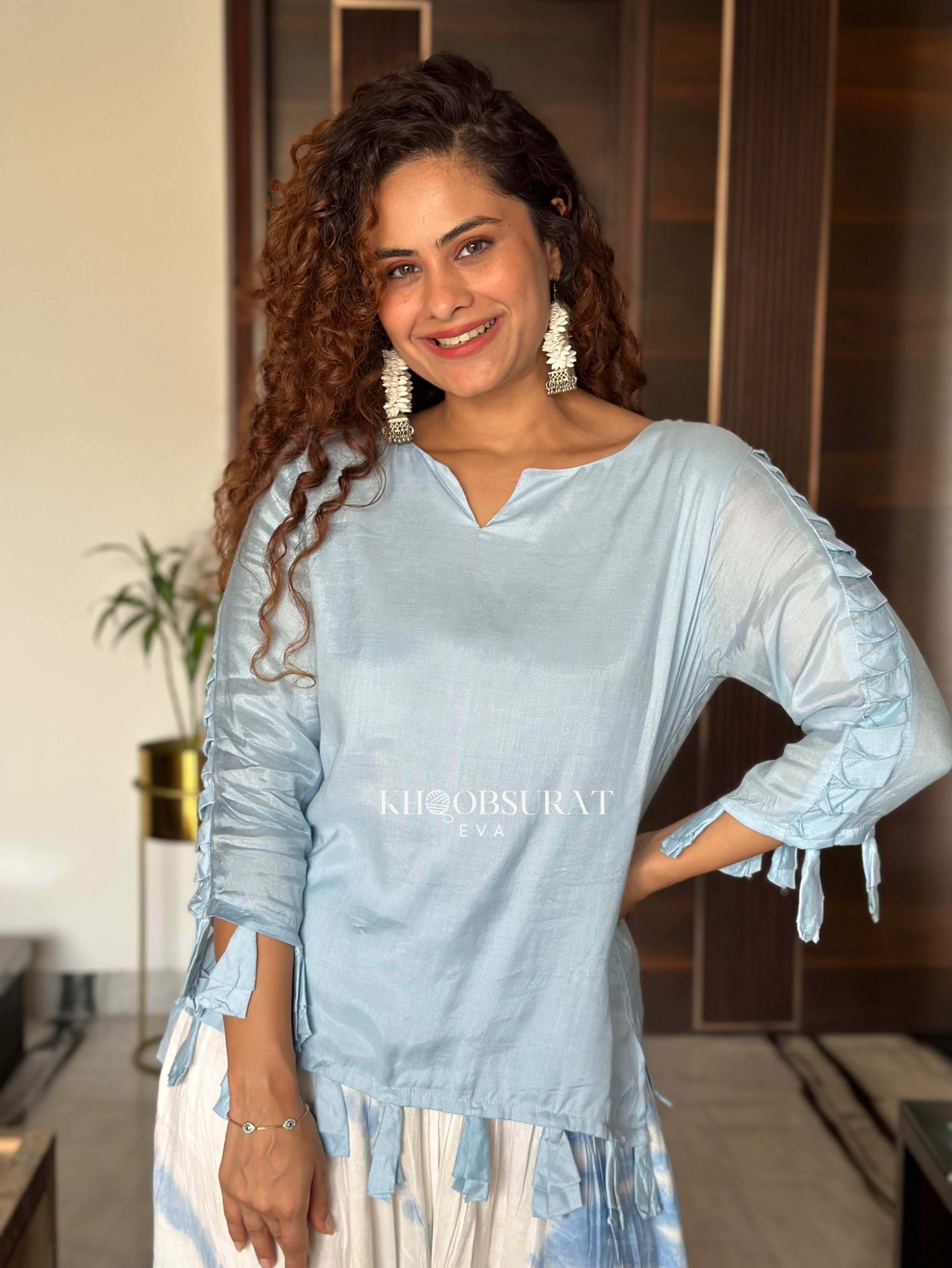 Stylish Blue Top with Tulip Pants Set - Women's Fashion Outfit for Casual Wear, Office & Spring Outings