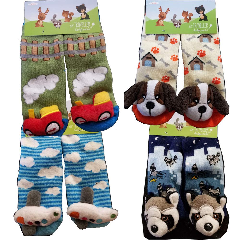 Cozy Plush Stuffed Animal Socks Set - Warm & Comfortable Travel Socks for Kids (Raccoon, Train, Airplane, Puppy Designs) - Perfect for Airplane Rides, Road Trips & Winter Adventures